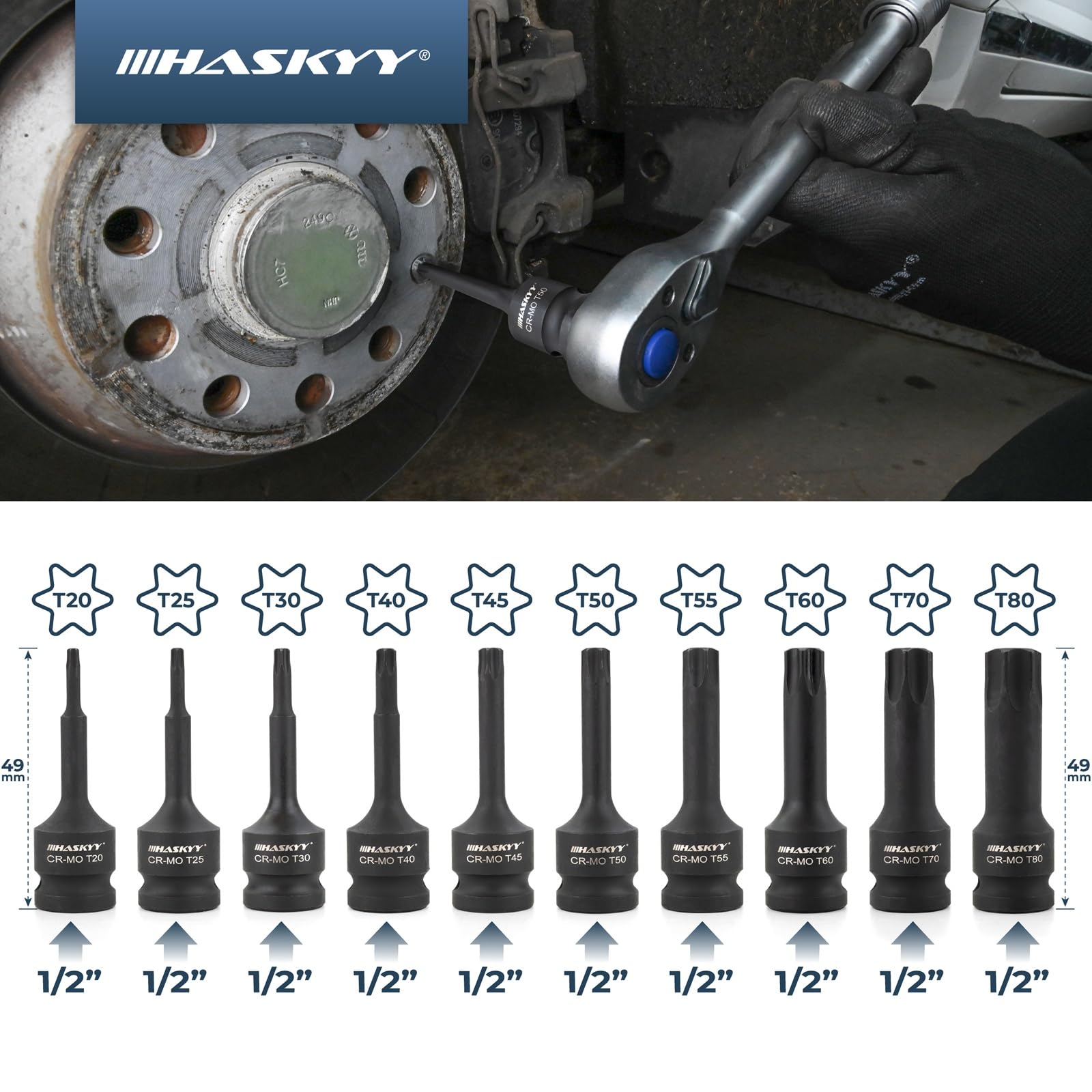 HASKYY Ensemble de douilles pour écrou de visseuse à choc 1/2 pouce T20-T80 - Jeu de bits pour clé à douille Torx - 10 pièces - Ensemble d’écrous Torx - Outil pour entretien de voiture, moteur, freins
