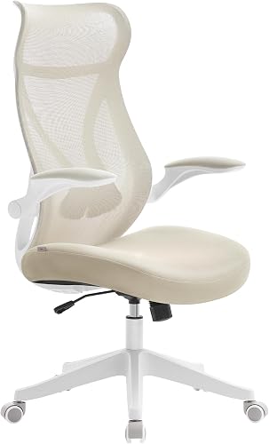 SONGMICS Office Chair, Swivel Mesh Chair, Ergonomic Backrest, Height Adjustable, Flip-Up Armrests, Headrest, Supports up to 150 kg, Cappuccino Beige OBN088K01 - 1
