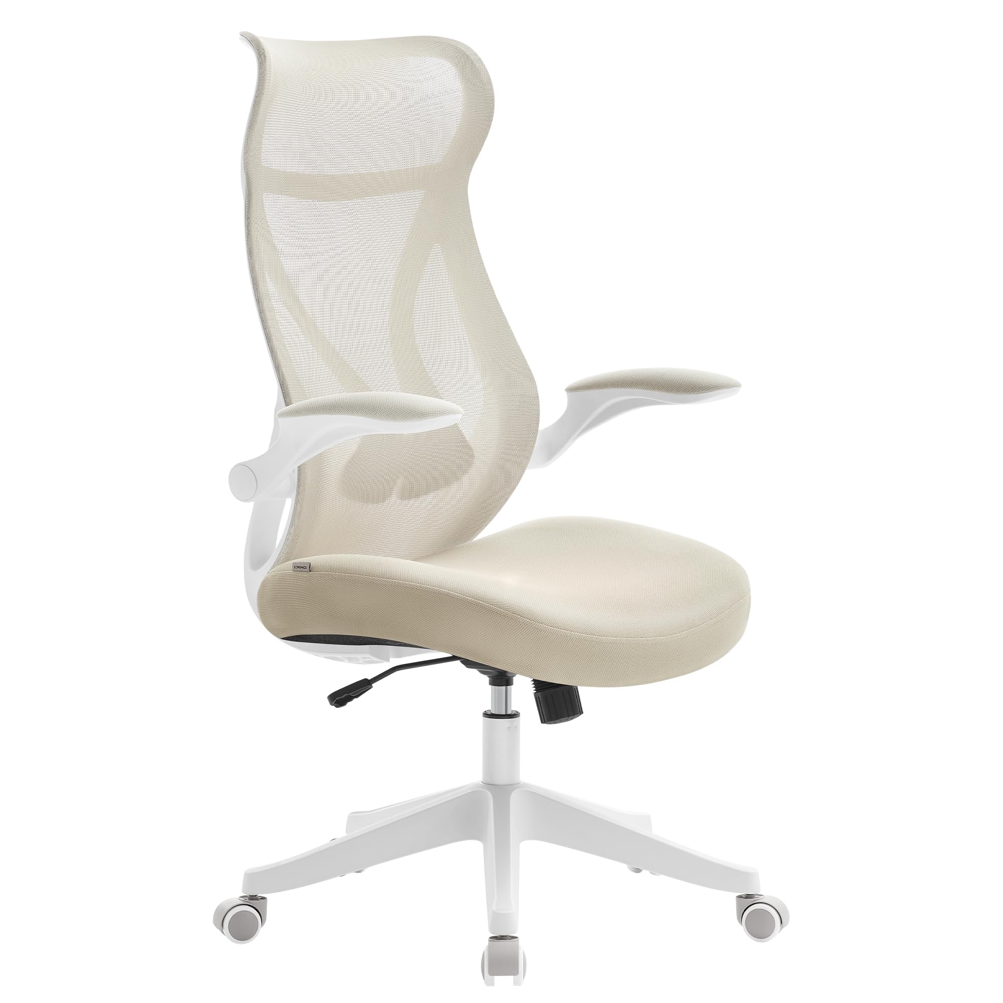 SONGMICS Sedia da Ufficio, Sedia da Scrivania Girevole, Schienale Ergonomico, Altezza Regolabile, Braccioli Ribaltabili, con Poggiatesta, Portata 150 kg, Beige Cappuccino OBN088K01