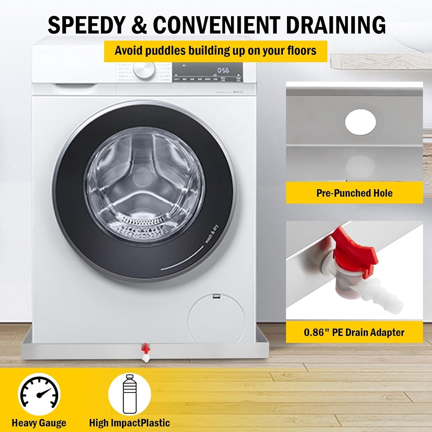 32 in x 30 in Washing Machine Pan for Washer and Dryer, 304 Stainless Steel Drain Pan, Washer Drip Tray with Drain Hole & Hose Adapte, 4 Pcs Anti-Vibration Washing Machine Feet