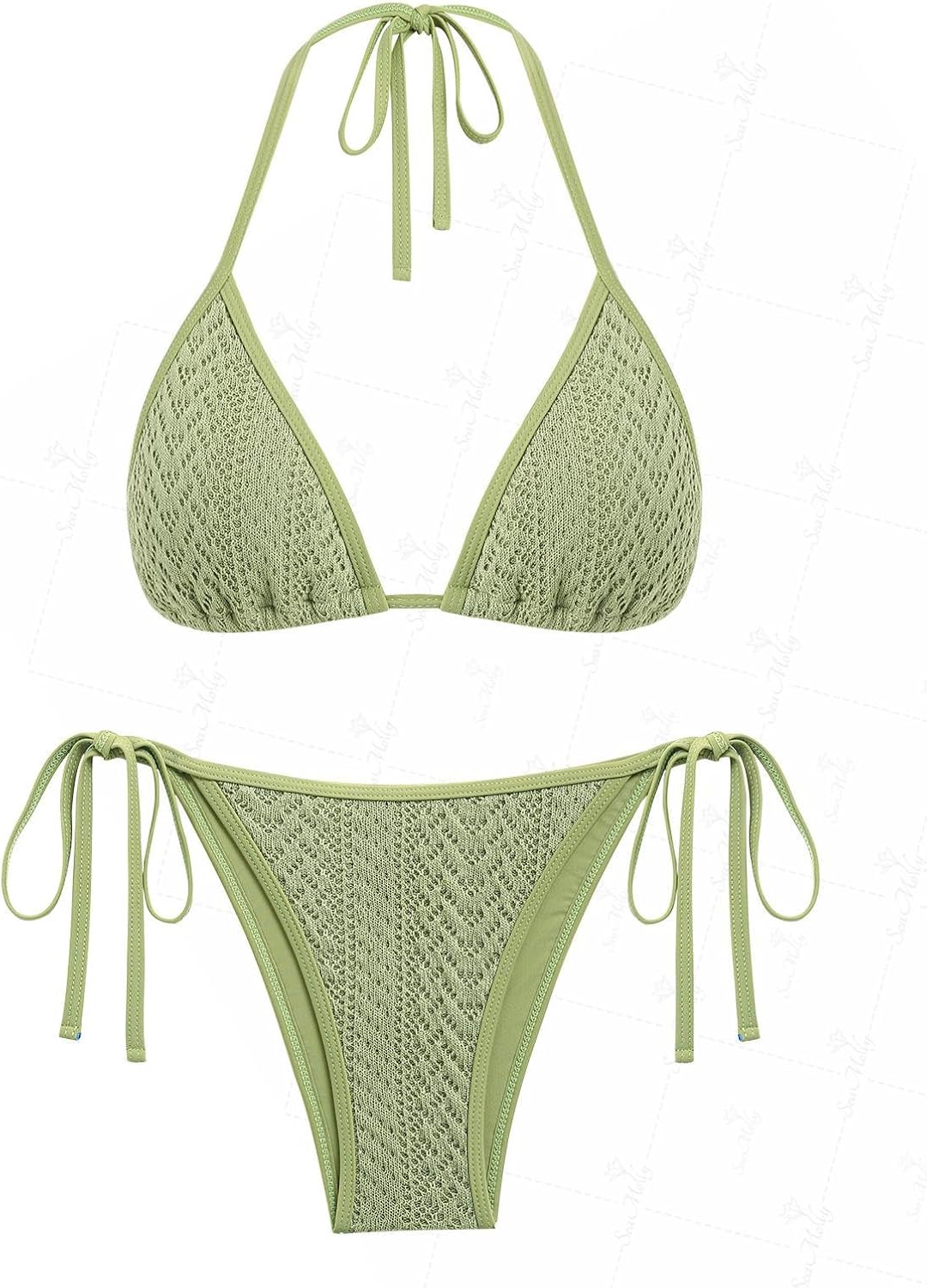 seamoly Picot Trim Bow Decor Halter Tie Triangle String Tie Side Bikini Set