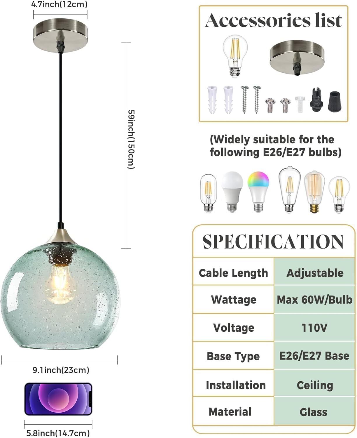 9.1in Large Light Green Glass Pendant Light for Kitchen Island, 2-Pack with Extra LED Bulbs & 4.92ft Adjustable Cord | Modern Minimalist Lighting for Dining Room, Living Room, Entryway