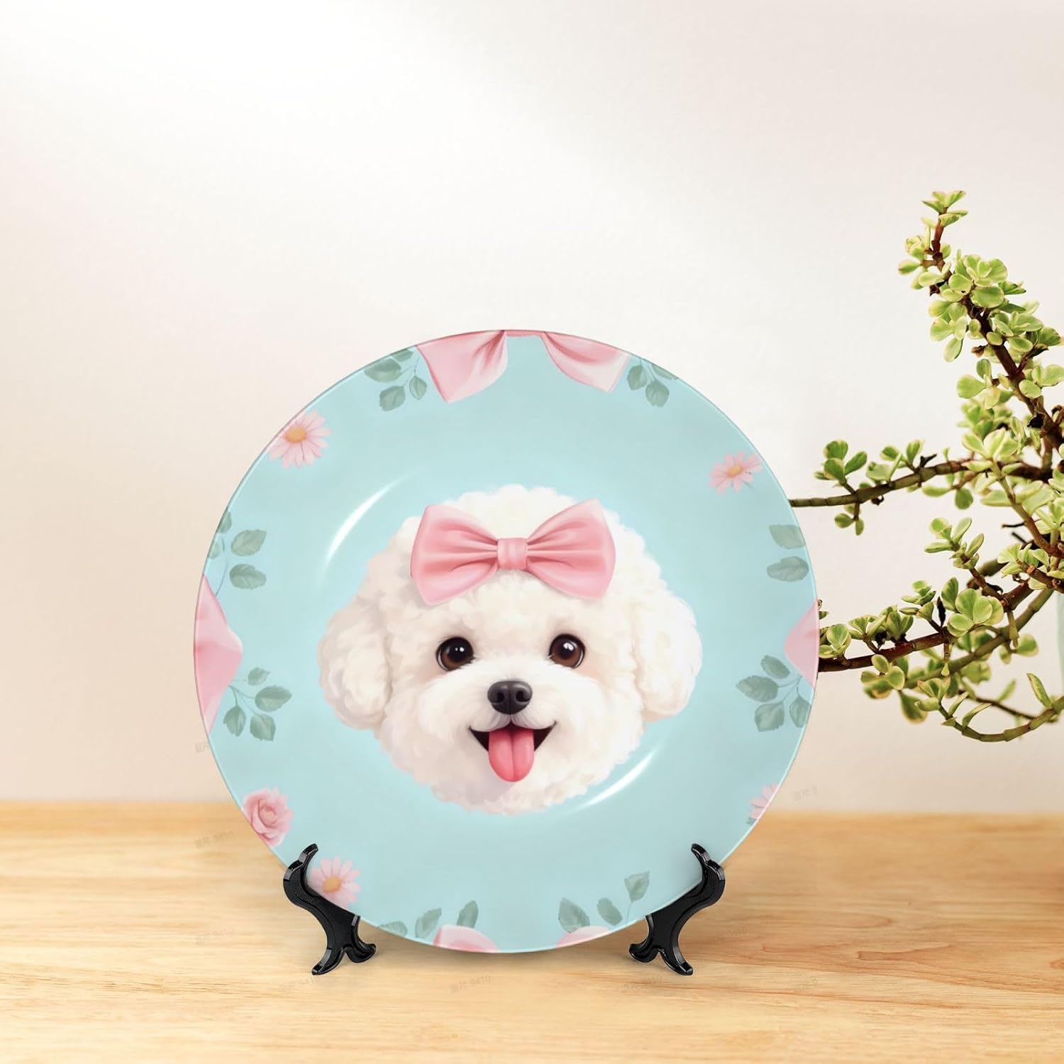 Dog Pink Bow Style Ceramic Plate Display Decorative Plate With Stand Wall Hanging Plate For Home Decor 10 Inch