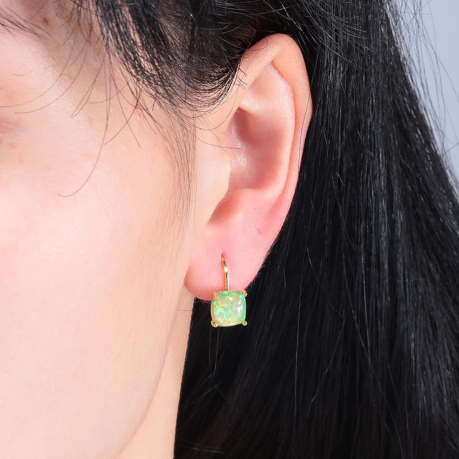 Miniatura 2 de CiNily Aretes colgantes para mujeres y niñas, hipoalergénicos, chapados en oro de 14 quilates, aretes con dije cuadrado de ópalo, aretes de palanca