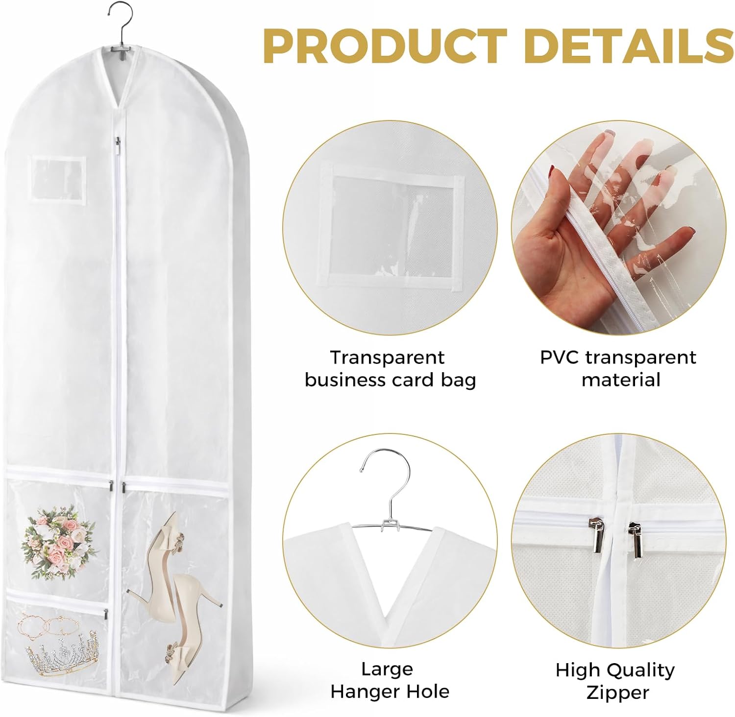 72" Wedding Dress Garment Bag with 10'' Gusseted and 3 Accessory Pockets