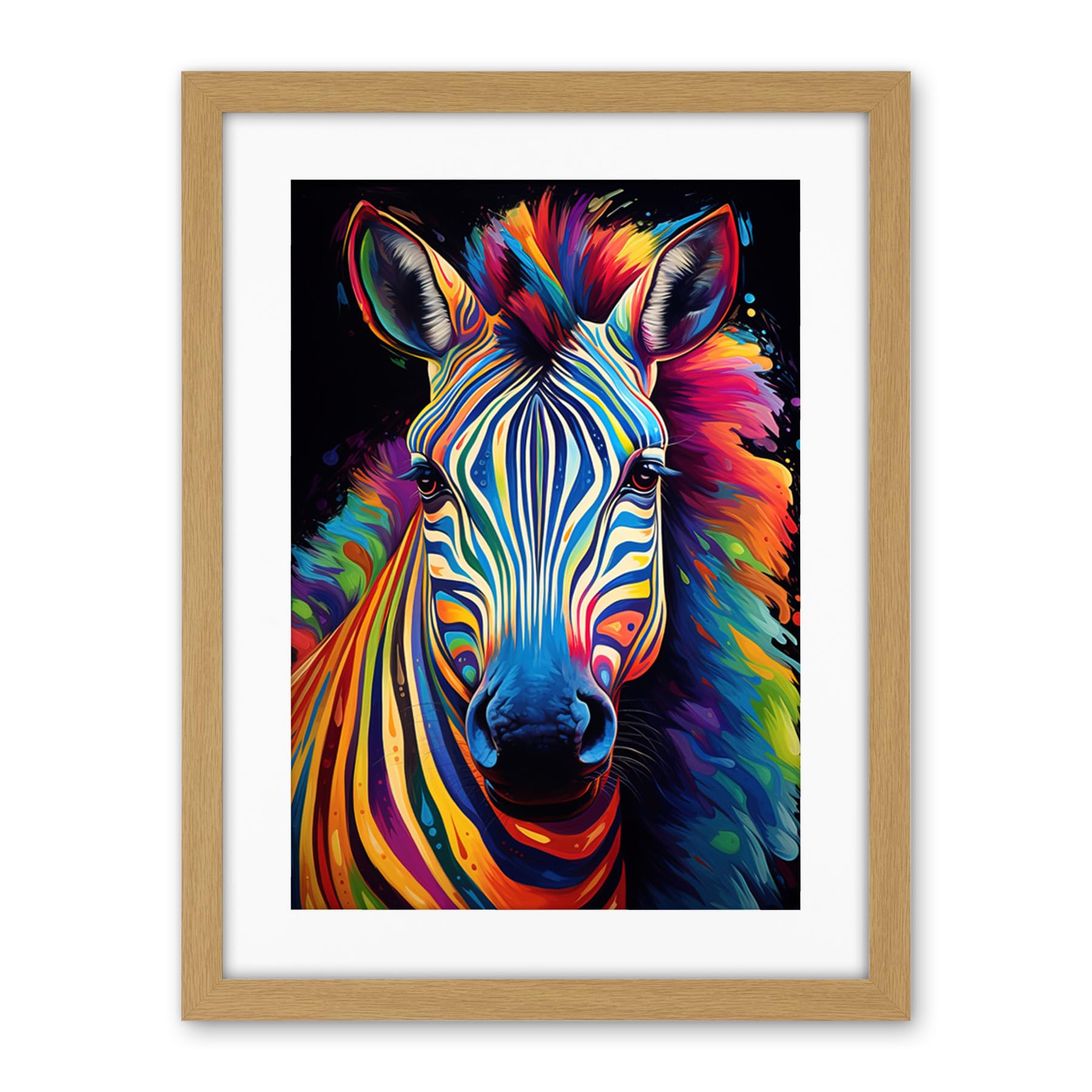 Artery8 Rainbow Striped Zebra Colourful Vibrant Bold Psychedelic Neon Impact Artwork Framed Wall Art Print 18X24 Inch