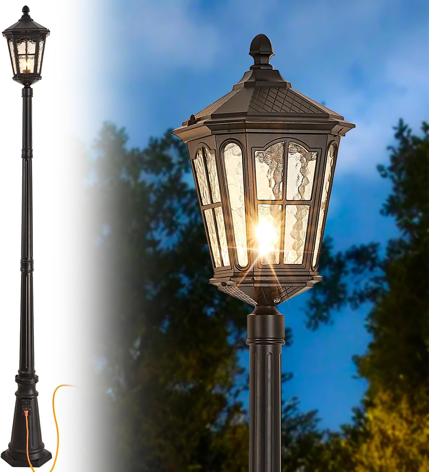 Dusk to Dawn Post Light Outdoor 2 Pack, 17''H Outdoor Lamp Post Light with Pier Mount Adapter,Waterproof IP65 Classic Die Cast Aluminum with Water Ripple Glass, Matte Black…