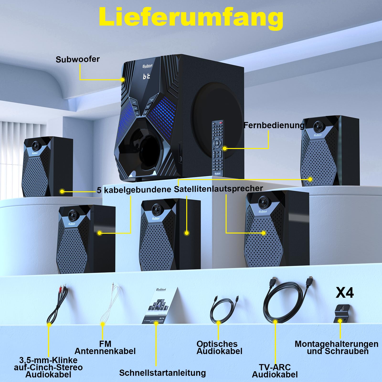 1000-W-Surround-System, 8-Zoll-Subwoofer, 5.1 soundsystem Heimkino, tiefen Bässen, ARC-Unterstützung, optischem Bluetooth-Eingang und Karaoke-Funktion US-zu-EU-Steckeradapter im Lieferumfang enthalten