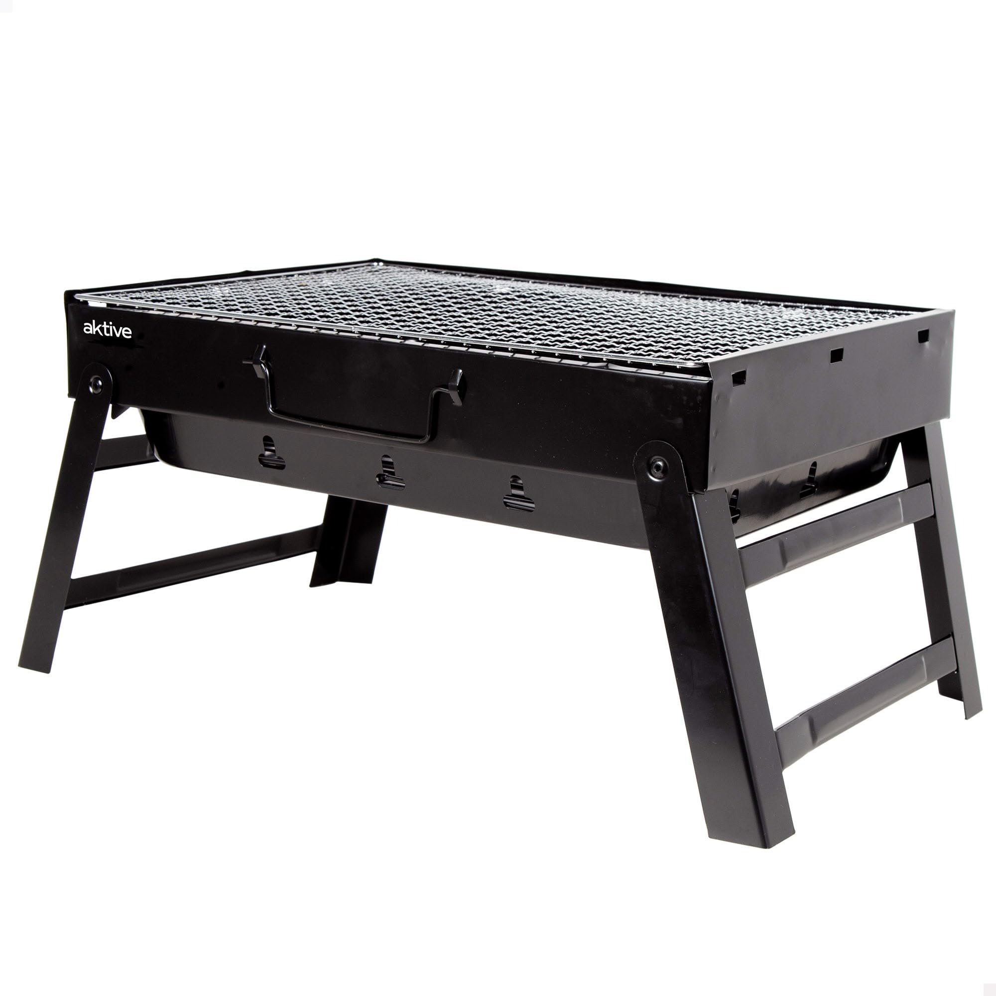 AKTIVE 63032, przenośny grill na węgiel drzewny, czarny, prostokątny, składany, wymiary 43 x 29 x 22 cm, z uchwytem, łatwy do przenoszenia, grill kempingowy, taras, balkon