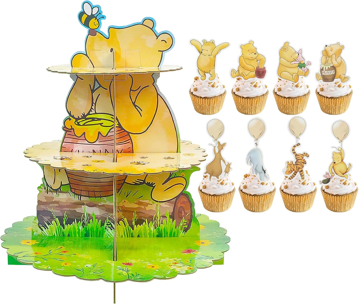 Classic Winnie Cupcake Stand, Cute Bear Cupcake Holder 3 Tier with 48pcs Cupcake Toppers, Dessert Pooh Cupcake Party Supplies for Baby Shower Decorations