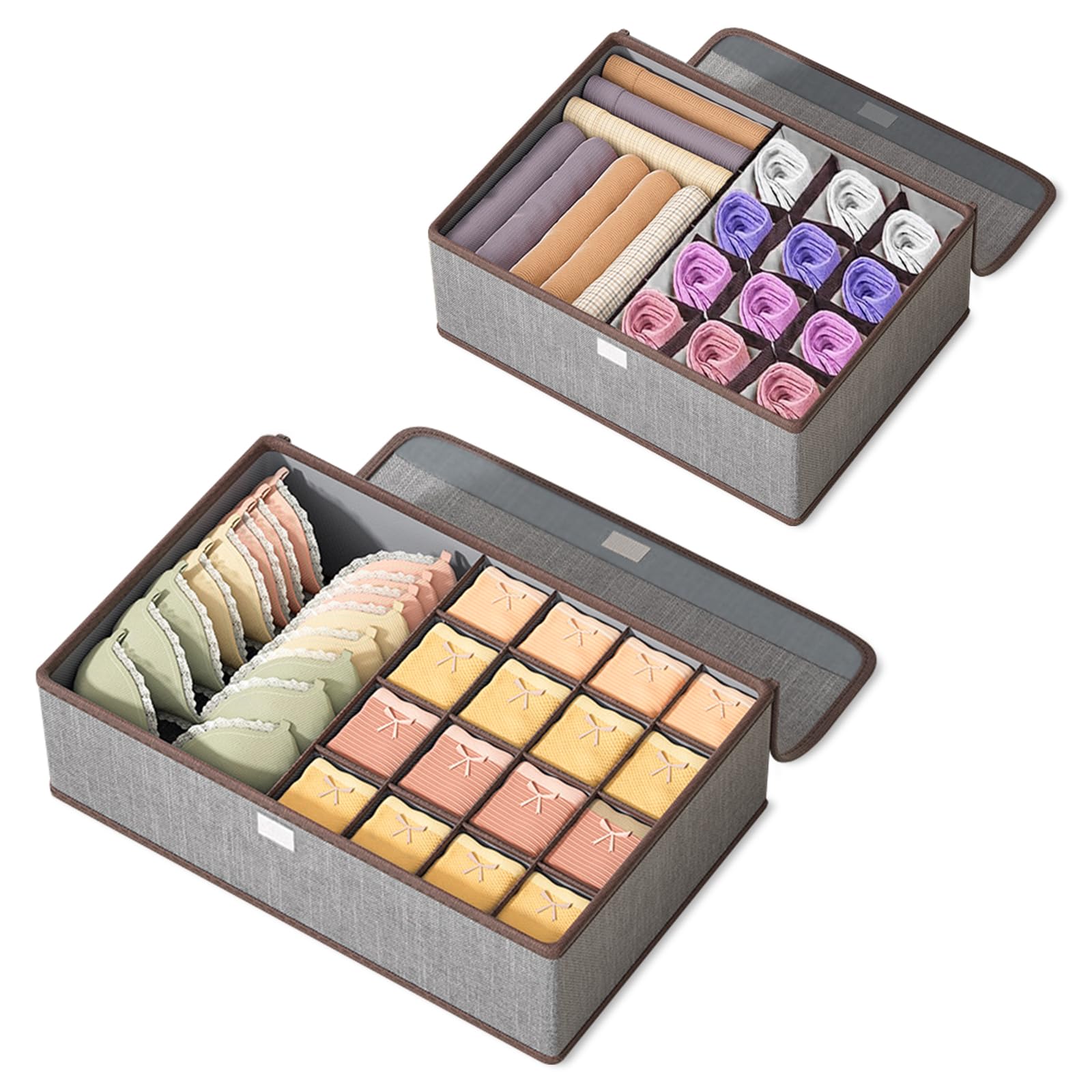 Hahamiya Drawer Organiser Clothes Organizer Box, 2PCS Foldable Wardrobe Underwear Bra Organiser Closet Drawer Divider, Underwear Storage Bag for Socks Bras Panties and Scarf，With Cover