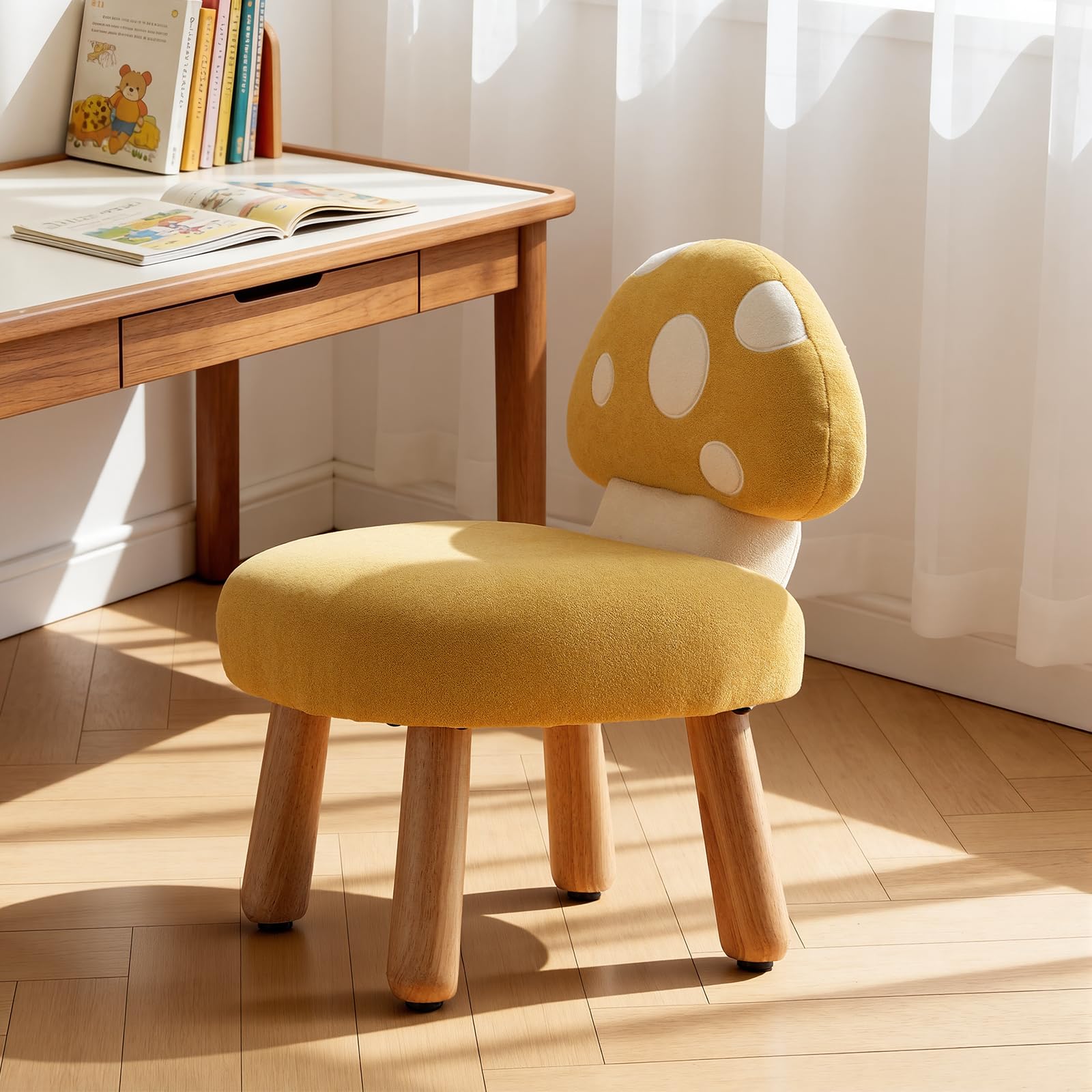 Kindersessel für Kinderzimmer Chenille Kinderstuhl mit Pilzförmiger Rückenlehne Kindersofa Holzbeinen, Kindercouch für Spielzimmer, Gelb