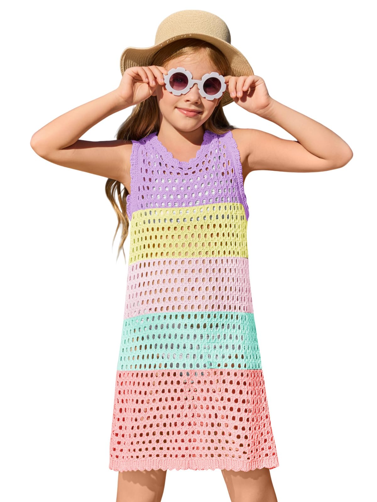 Haloumoning Girls Color Block Crochet Knit Swim Cover up Kids Summer Sleeveless Beach Dress 5-14 Years