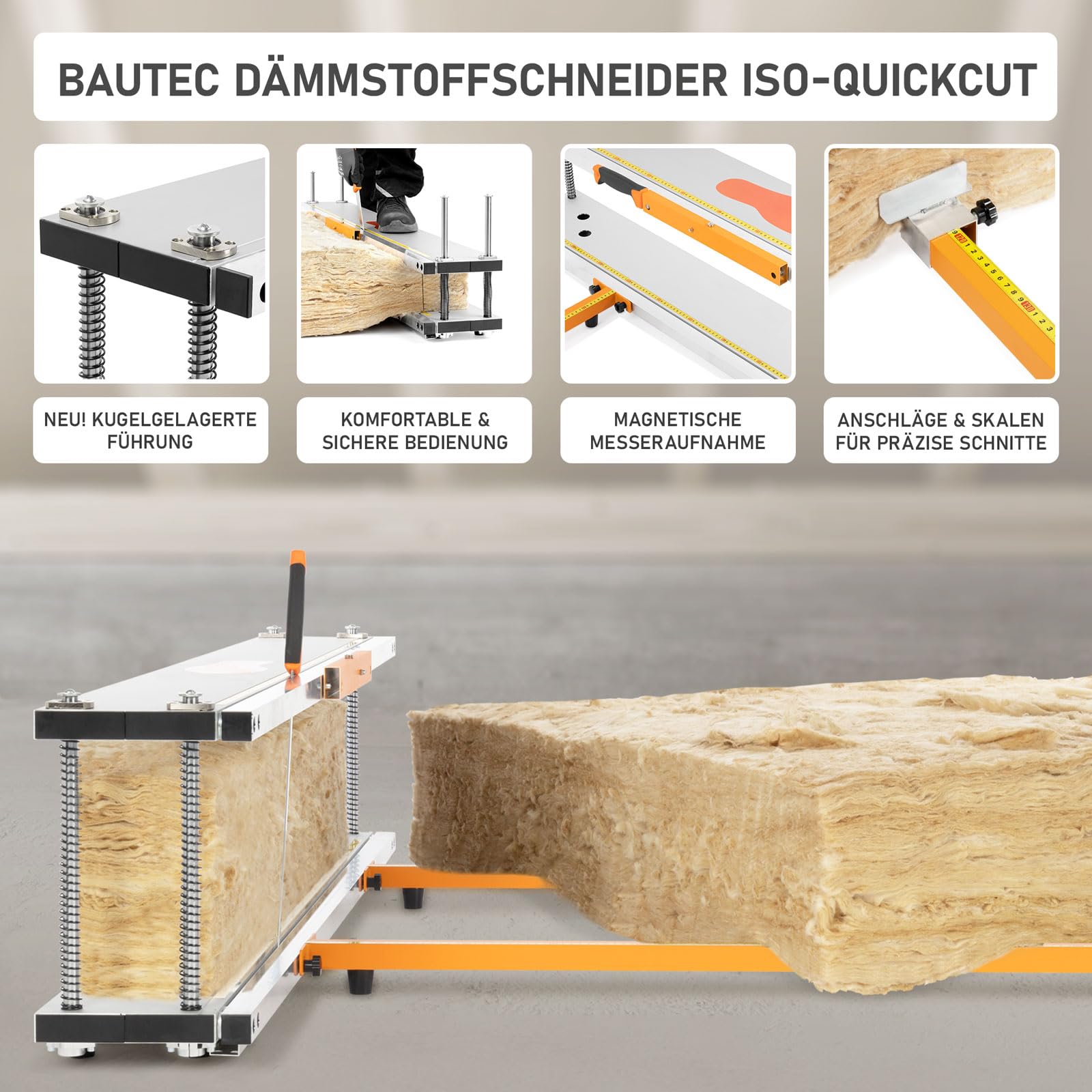 BAUTEC Dämmstoffschneider ISO-QUICKCUT + Dämmstoffmesser » optimiert für Rollenware » schneidet Glaswolle, Steinwolle, Mineralwolle, Klemmfilz