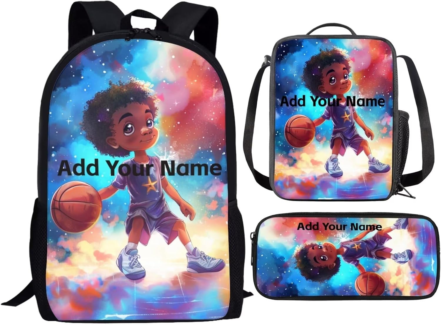 Custom Name Backpack for Boys Bookbag Lunch Bag 1 Grade/2Nd Grade Personalized School Bag Lunch Box Pencil Case Afro Back Pack Lunchbag African Black Kids School Daycare Bag