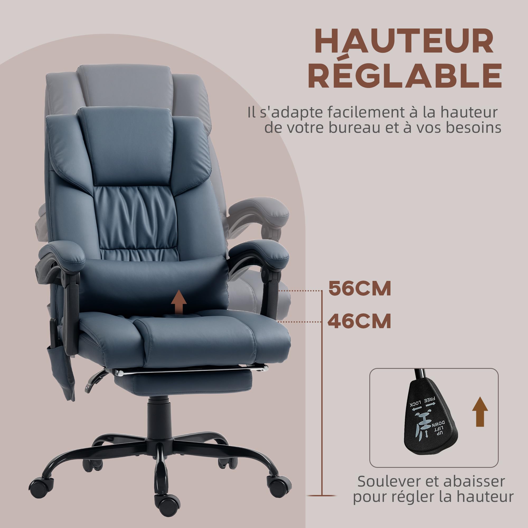 Vinsetto Krzesło biurowe z masażem i ergonomicznym podnóżkiem Niebieski