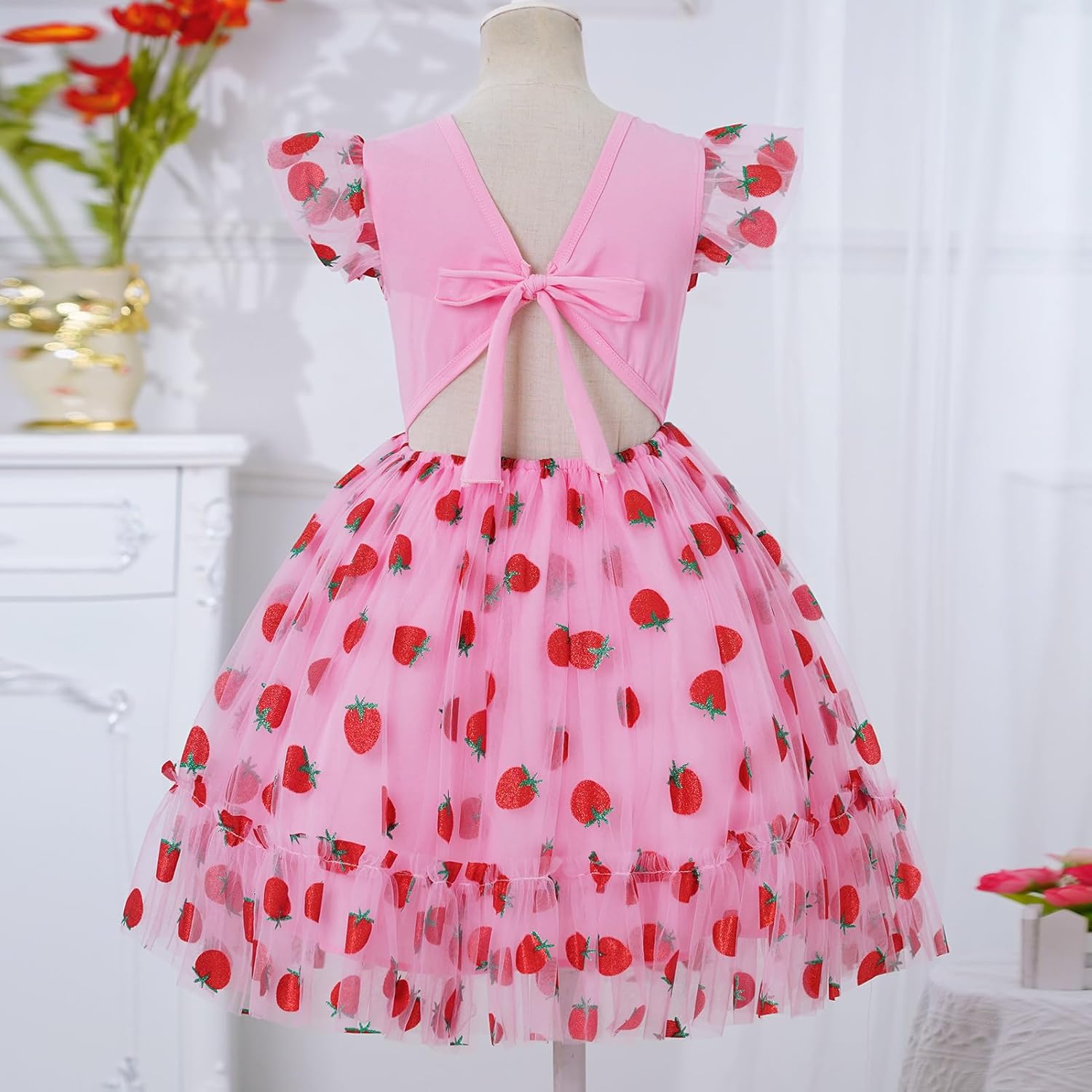 Girl Glitter Butterfly Strawberry Floral Tulle Dress Flower Girl Formal Wedding Easter Birthday Summer Sundress