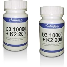 Vitamin D3 10000 IU Cholecaliferol + Vitamin K2 MK7 Natural Natto Menaquinon MK-7 200mcg - 2 Tubs of 90 Capsules 180 Vegan Capsules - High Dose Vitamin D3 + K2 - High Bioavailability