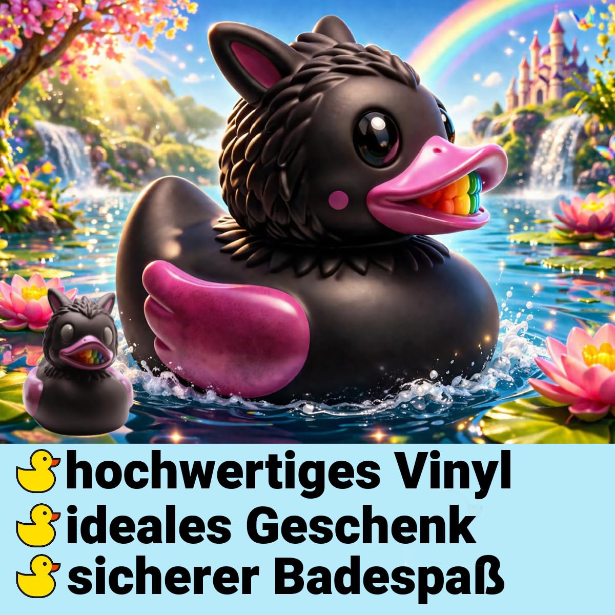 Duckshop I Badeente Quakiboo XXL -schwarz- I Quietscheente I Quietscheentchen L: 8,5 cm I Geschenk für Fantasy-Fans I Präsent für Sammler