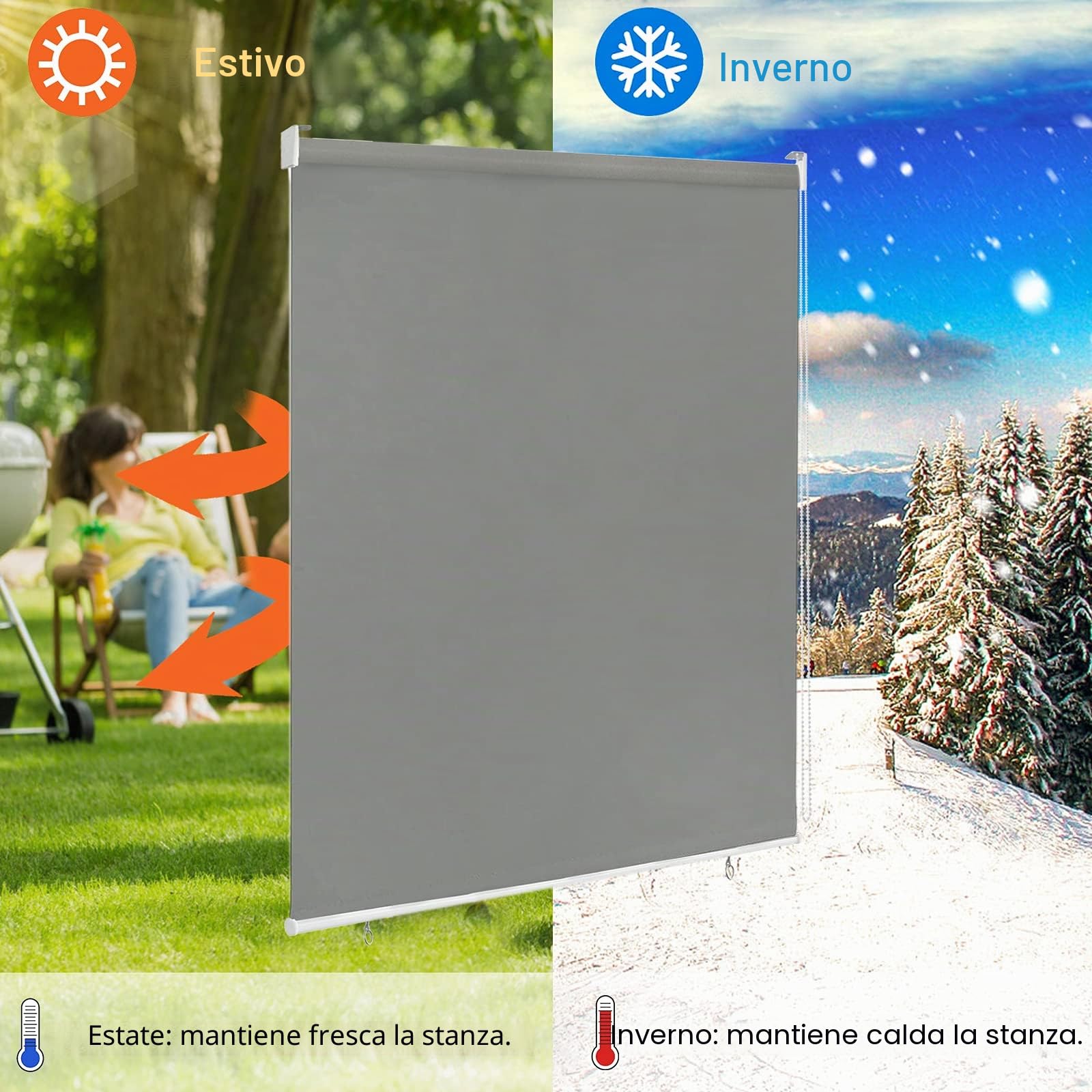 HENGMEI 180x140cm Tenda da Sole a Rullo Protezione dal Sole per Balcone e terrazza, Esterno Tende Verticali, Grigio