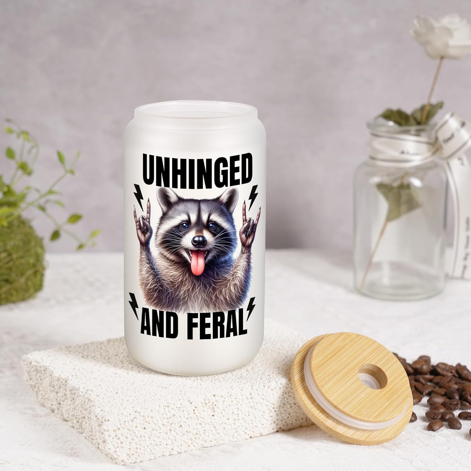 Fairy's Gift Raccoon Iced Coffee Cup, Cute Racoon Frosted Glass Tumbler w/Lid Straw, Feral Mom Gifts, Raccoon Cup - Unhinged and Feral - Funny Valentines Birthday Racoon Gifts for Women Wild Mom Girl - Image 7