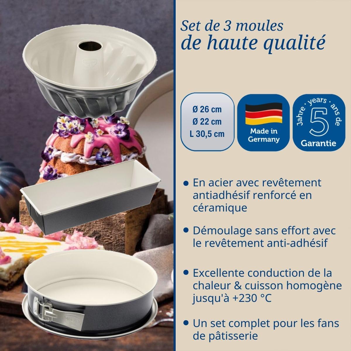 Dr Oetker 9331150 - Set di 2 stampi per pasticceria, stampo per dolci, stampo per dolci, stampo per torta, stampo per torte, stampo per pane, stampo per kouglof, antiaderente, acciaio, ceramica