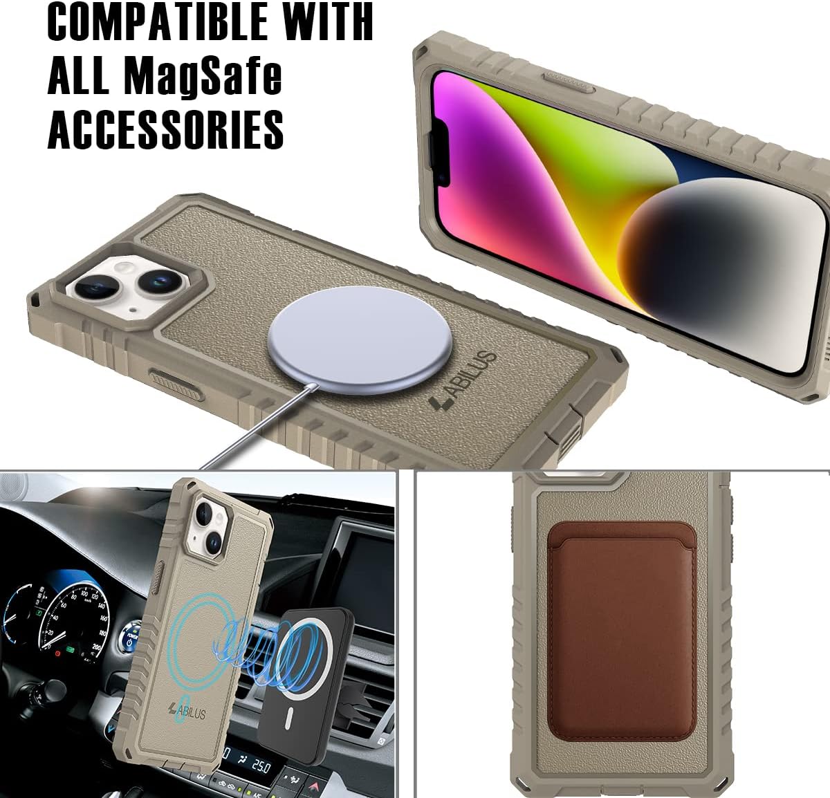 for iPhone 13/14 Case [6.1 inches], 12ft Military Grade Drop Proof, Rugged 360° Full Body Coverage with Built-in Screen Protector, Compatible with MagSafe - Desert