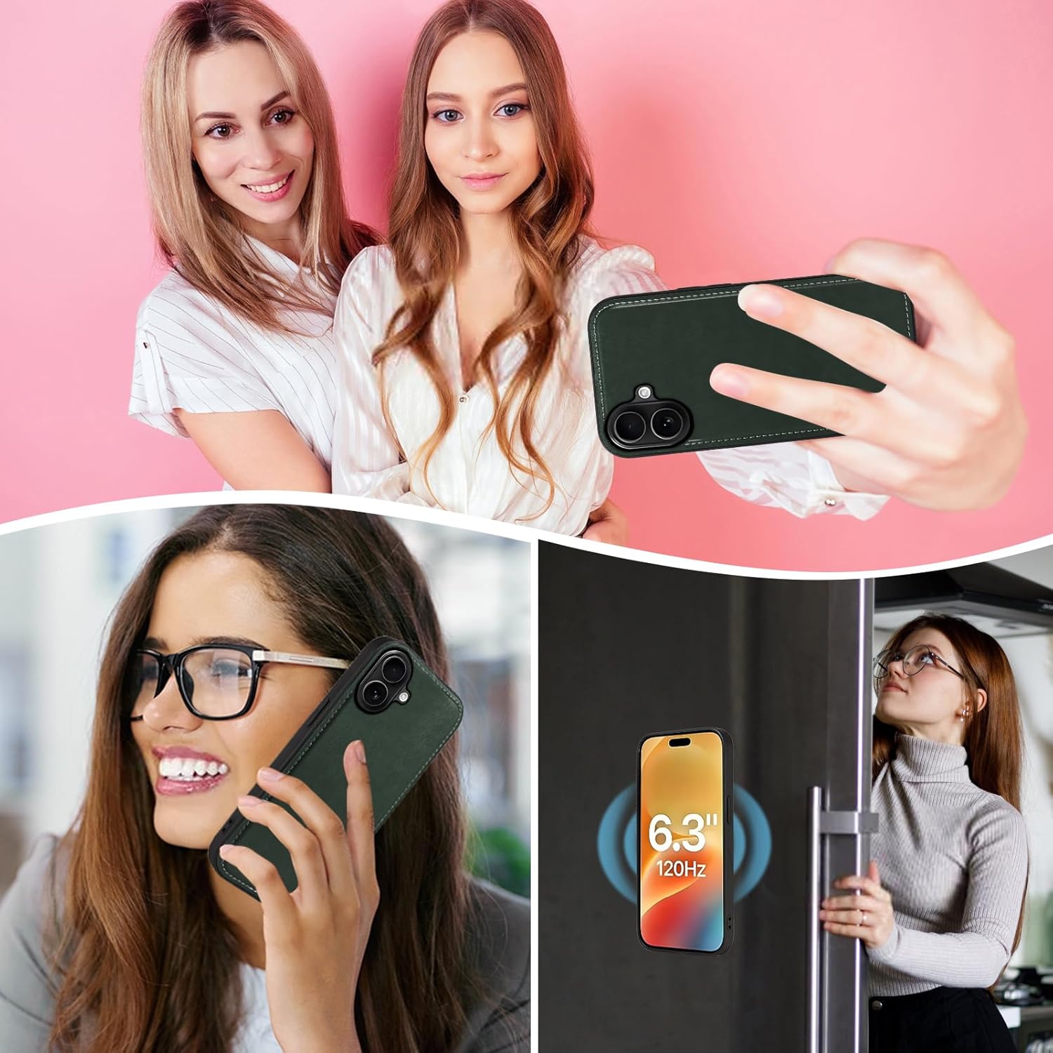 Asuwish Phone Case for iPhone 17 6.3 inch Zipper Wallet Detachable Cell Cover with Tempered Glass Screen Protector Crossbody Wrist Strap Flower Credit Card Holder i Phone17 i17 17Case Women Dark Green