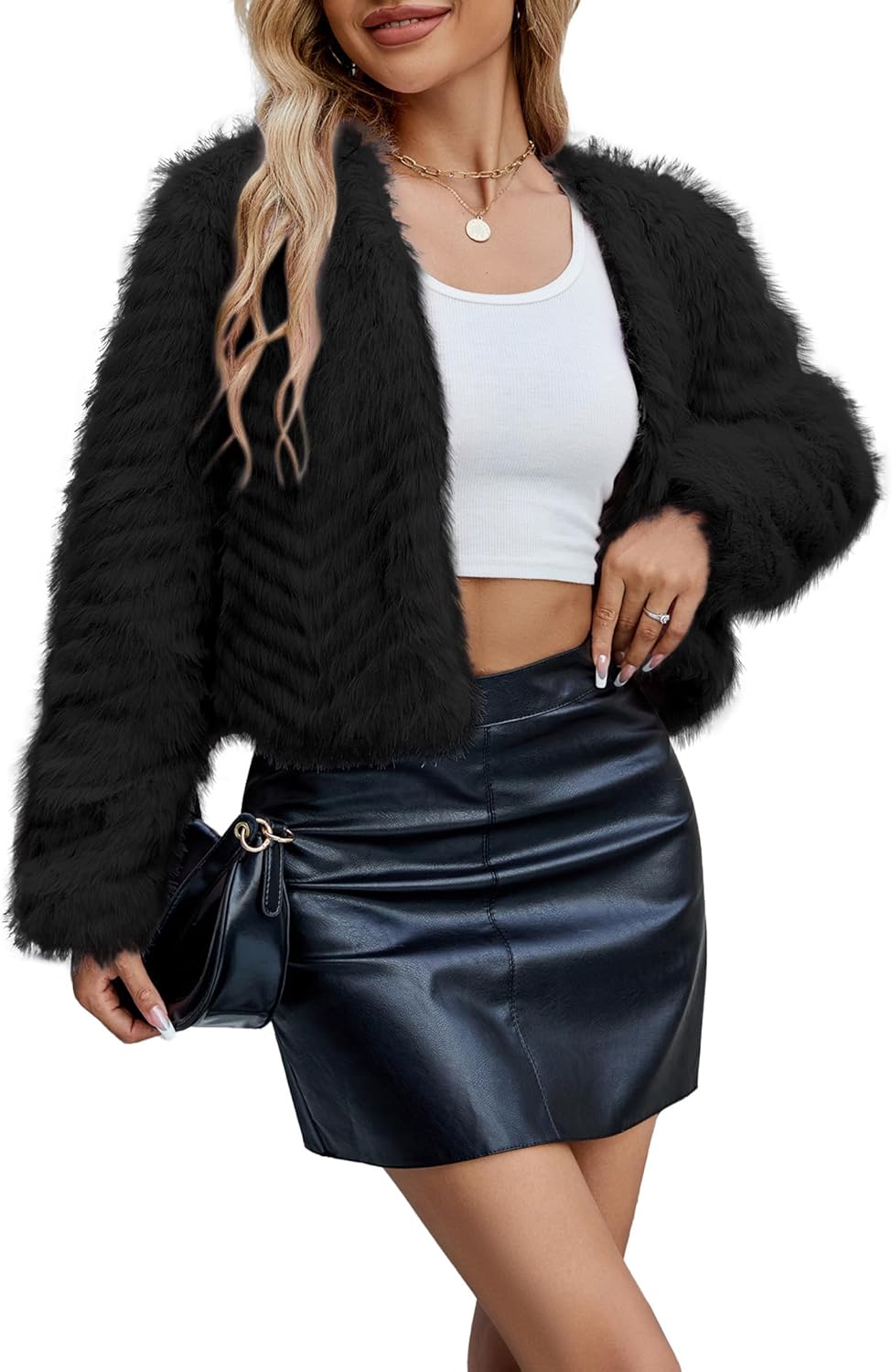 Womens Faux Fur Cropped Coats Fuzzy Winter Jacket Long Sleeve Open Front Cardigan Top Fluffy Warm Outwear with Pockets - Image 2
