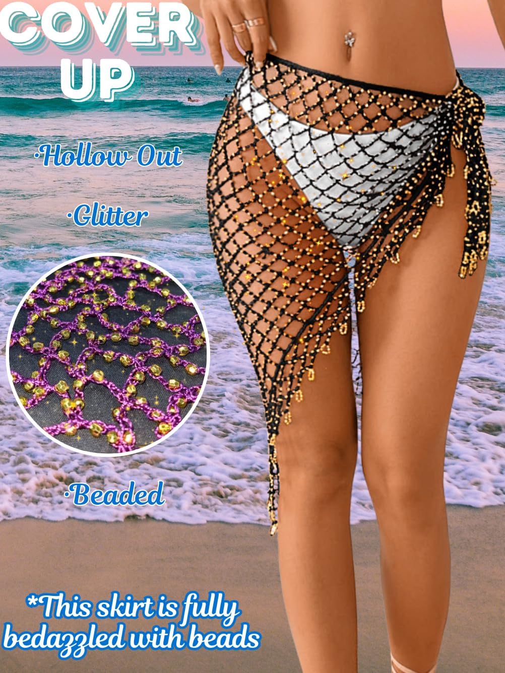 Women's Sparkly Beaded Fringe Wrap Coverup, Boho Crochet Beach Sarong Skirt, Belly Dance Hip Scarf Fits 00-10 - Image 2