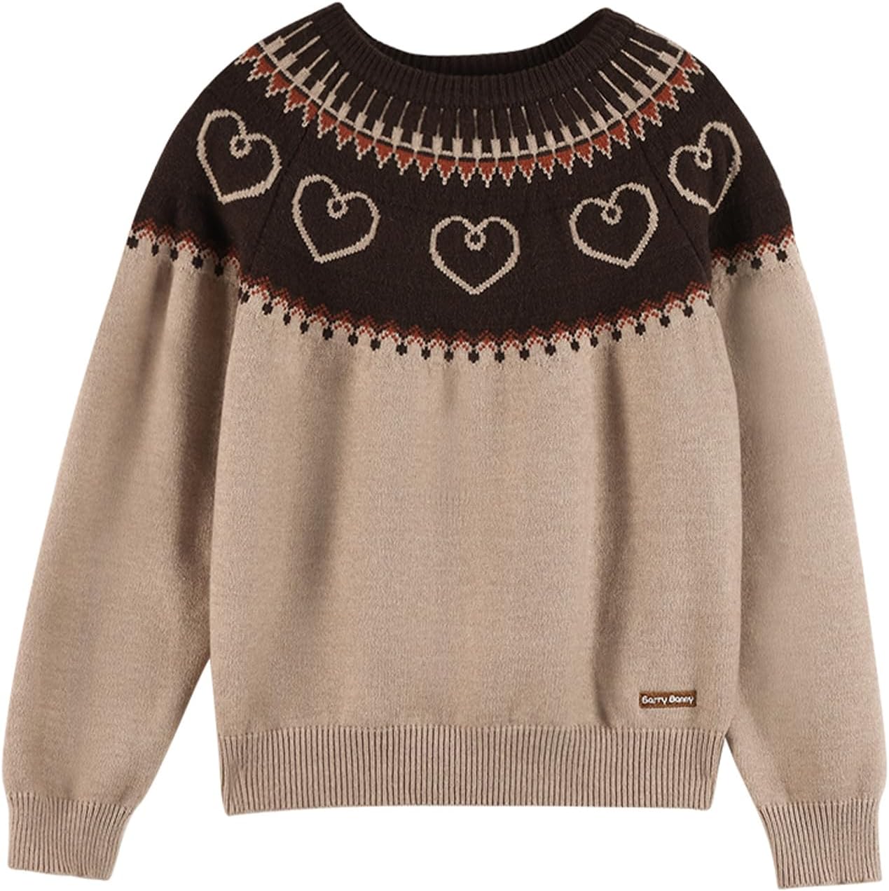 Girls Fair Isle Heart Sweater, Vintage Knit Crewneck Pullover, Soft Warm for Teens 6-16Y