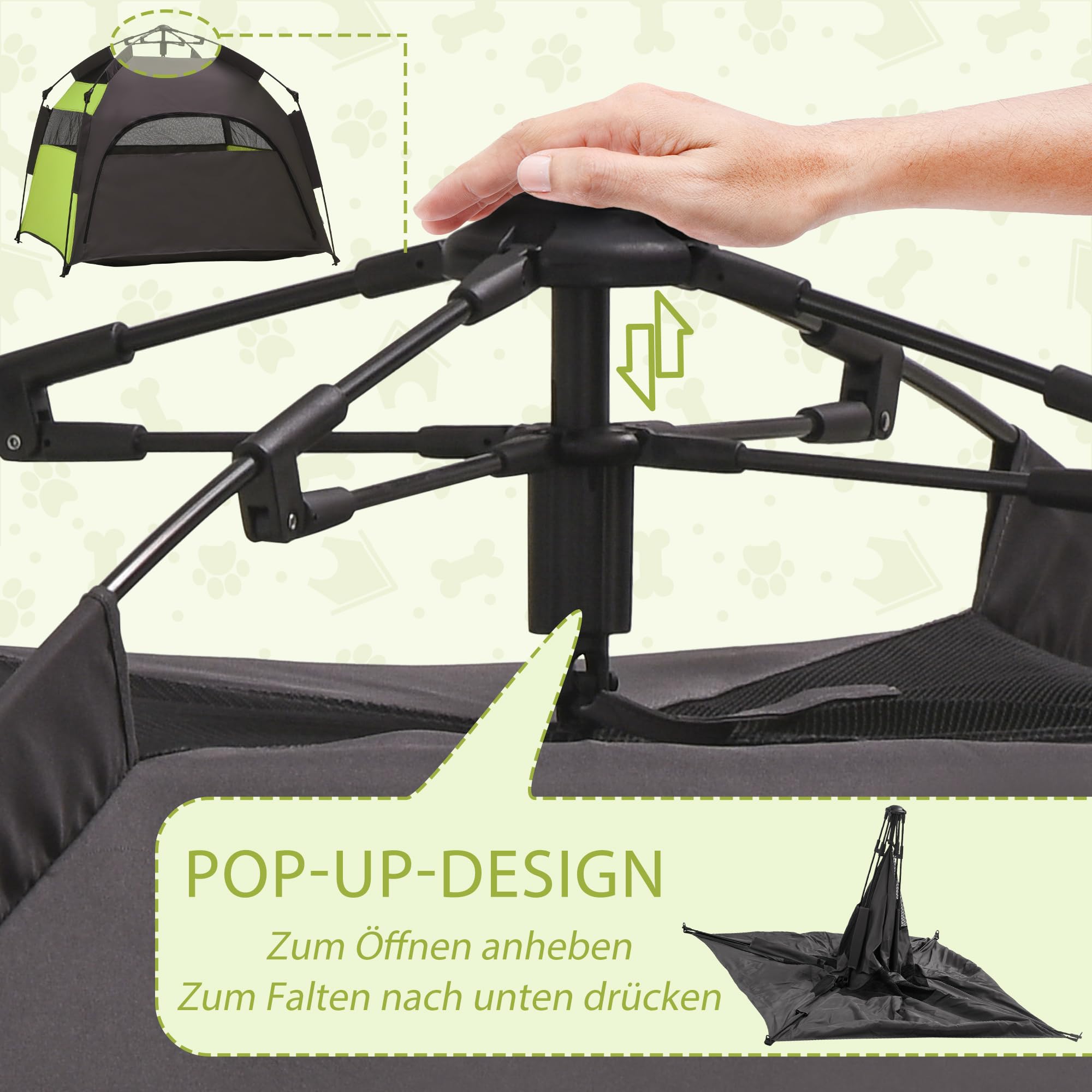 PawHut Haustierzelt, Outdoor Hundezelt, Katzenzelt mit Meshfenster, Tragetasche, Sonnendach, Tragbar Hundehütte für extra große und große Hunde, für Drinnen und Draußen, 120x120x106cm, Grün+Dunkelgrau