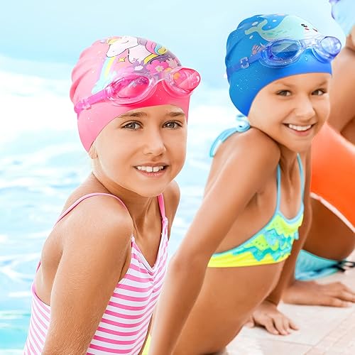Miniatura 7 de Paquete de 8 gorros de natación para niños para cabello largocorto, gorro de natación de silicona unisex para edades de 2 a 14 años con gafas de
