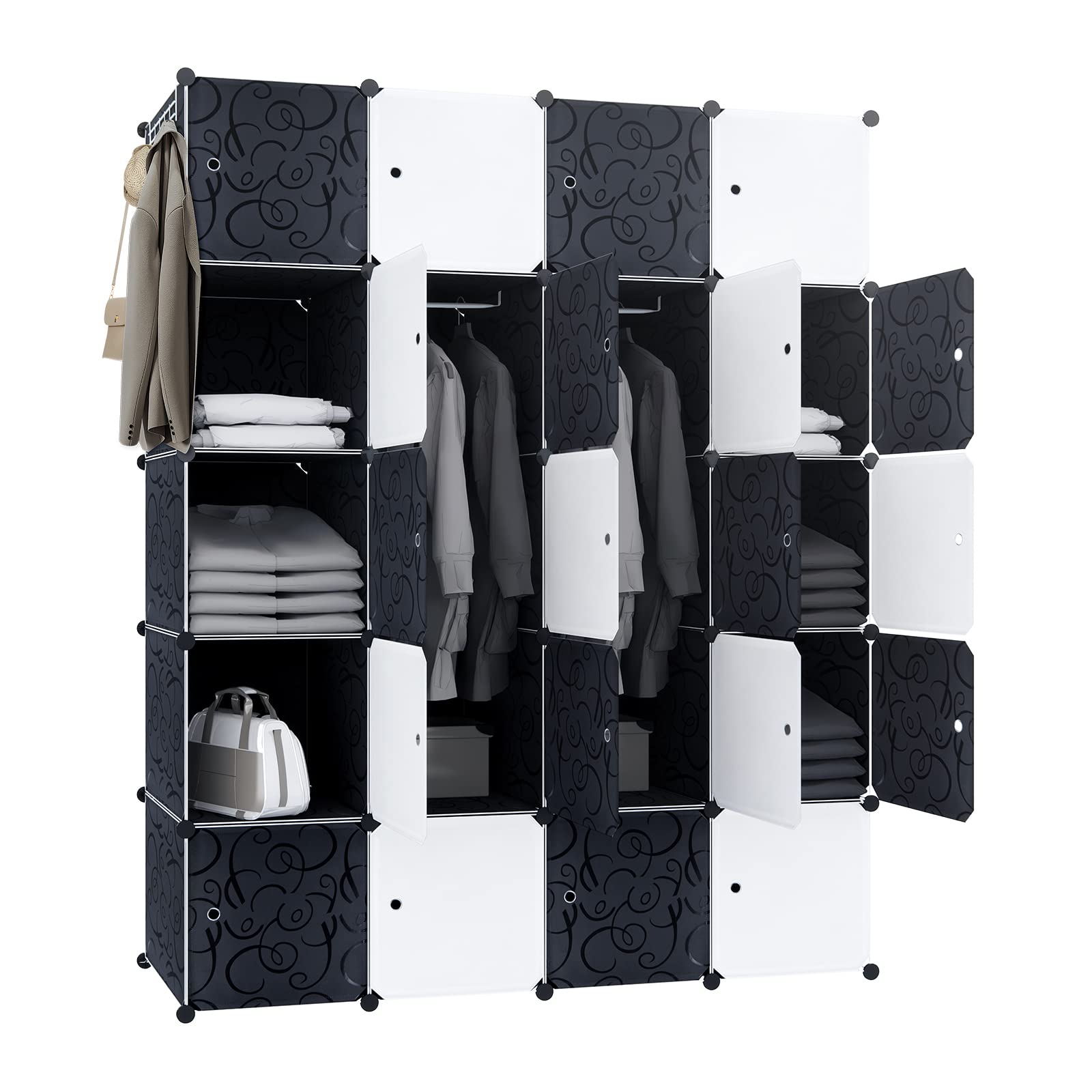 Armario Wardrobe de plástico para manualidades, 20 cubos, sistema de estantería, armario para dormitorio, color negro, 145 x 37 x 178 cm