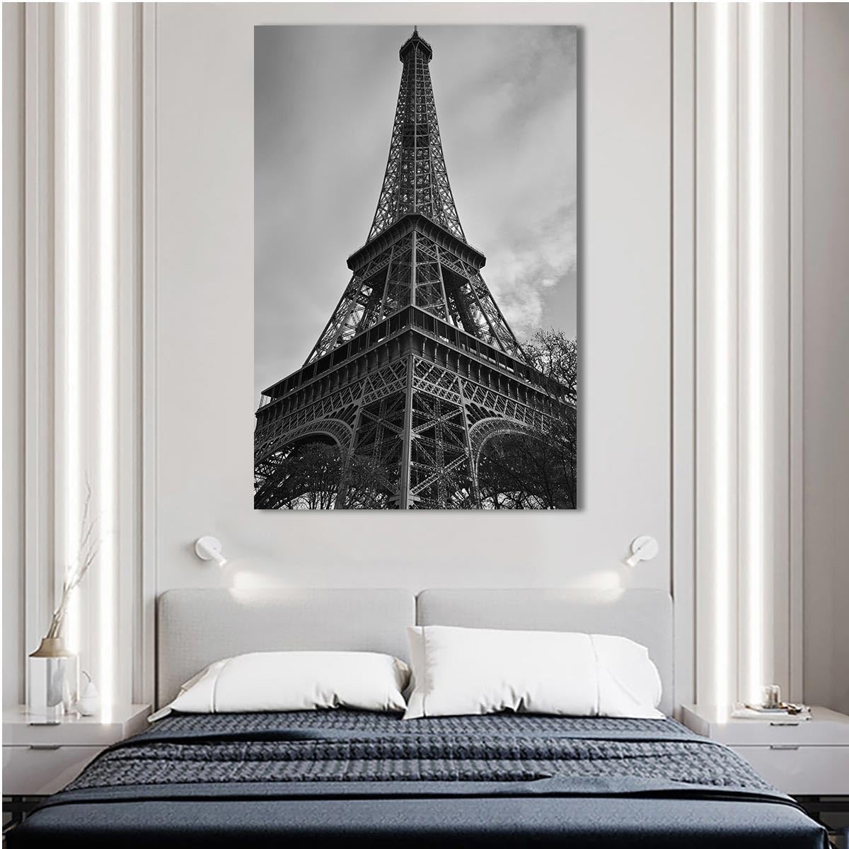 Eiffel Tower Canvas Wall Art, Unique Romantic Paris Wall Decor Print, Modern Home and Office Decoration Premium Giclee Painting Picture for Living Room Gallery (Black and White, Frame, 16x24in)