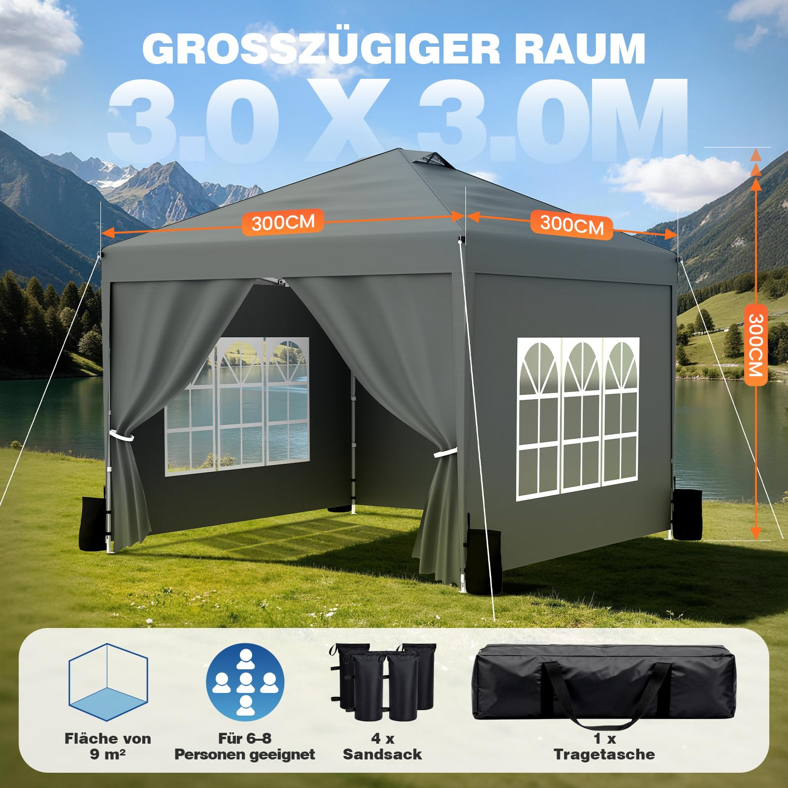 Huracan tonnelle Pliante 3x3 imperméable avec parois latérales et Sacs de Sable, Stable, résistante à l'hiver, Hauteur réglable, Protection UV, Tente de réception, Pliable avec Sac de Transport