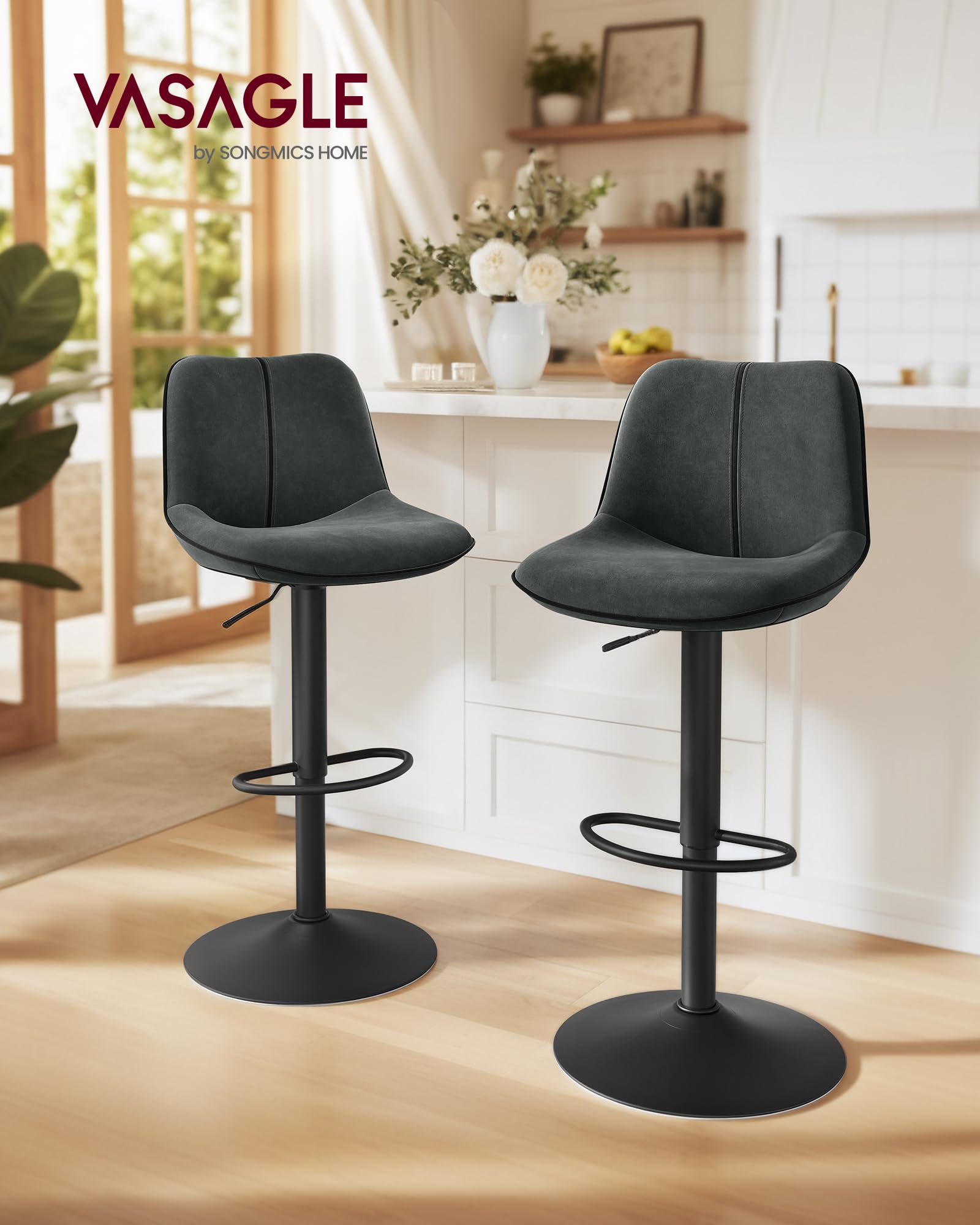 VASAGLE Barhocker 2er Set, Barstühle höhenverstellbar, drehbare Küchenhocker, mit ergonomischer Rückenlehne, Samt, für Kücheninsel, Hausbar, modern, anthrazitgrau LJB188G01