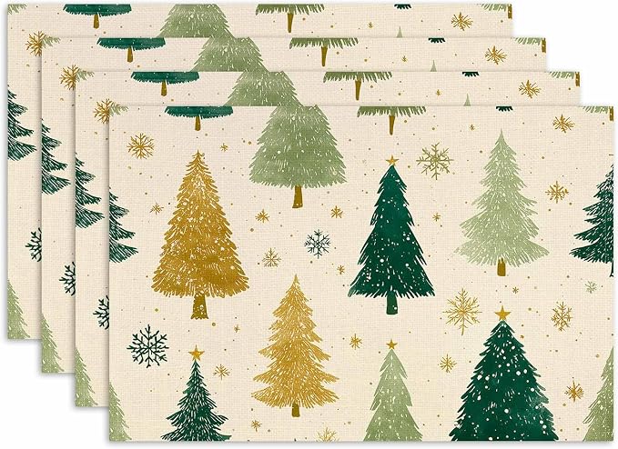 Winter Pine Tree Placemat Set of 4 Seasonal Placemats Christmas Snowflake Table Mats for Indoor Outdoor Home Party Dining Decor Farmhouse Burlap Table Mats 12x18 Inch