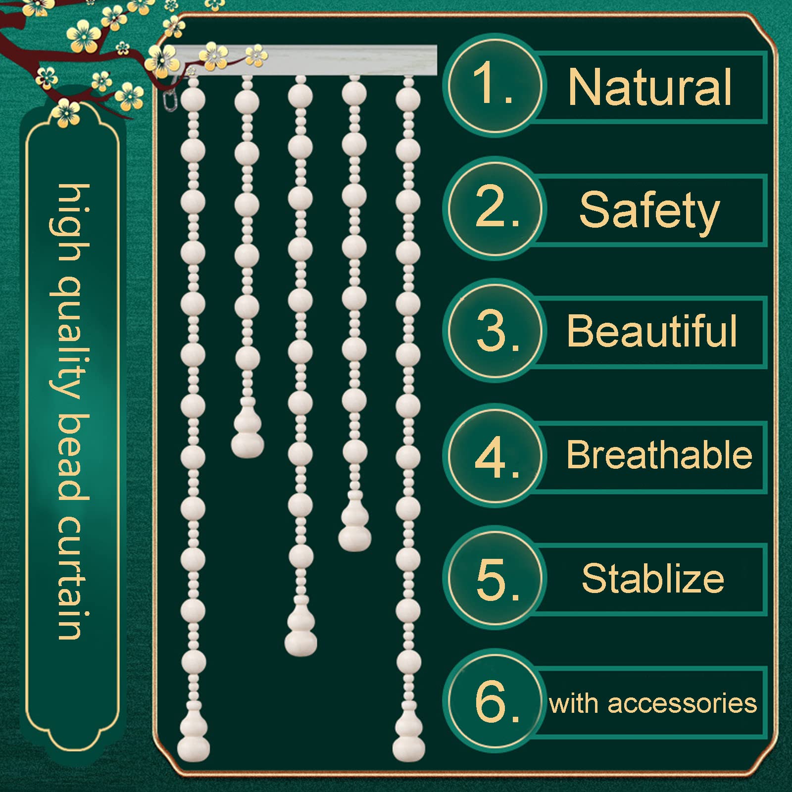 Rideau en Perles en Bois Naturel,Cloisons Placards Rideaux,Rideau Perlé en Bois Fait à La Main,Rustique Décor,Taille Personnalisable (21 Strands-65x40-60cm)