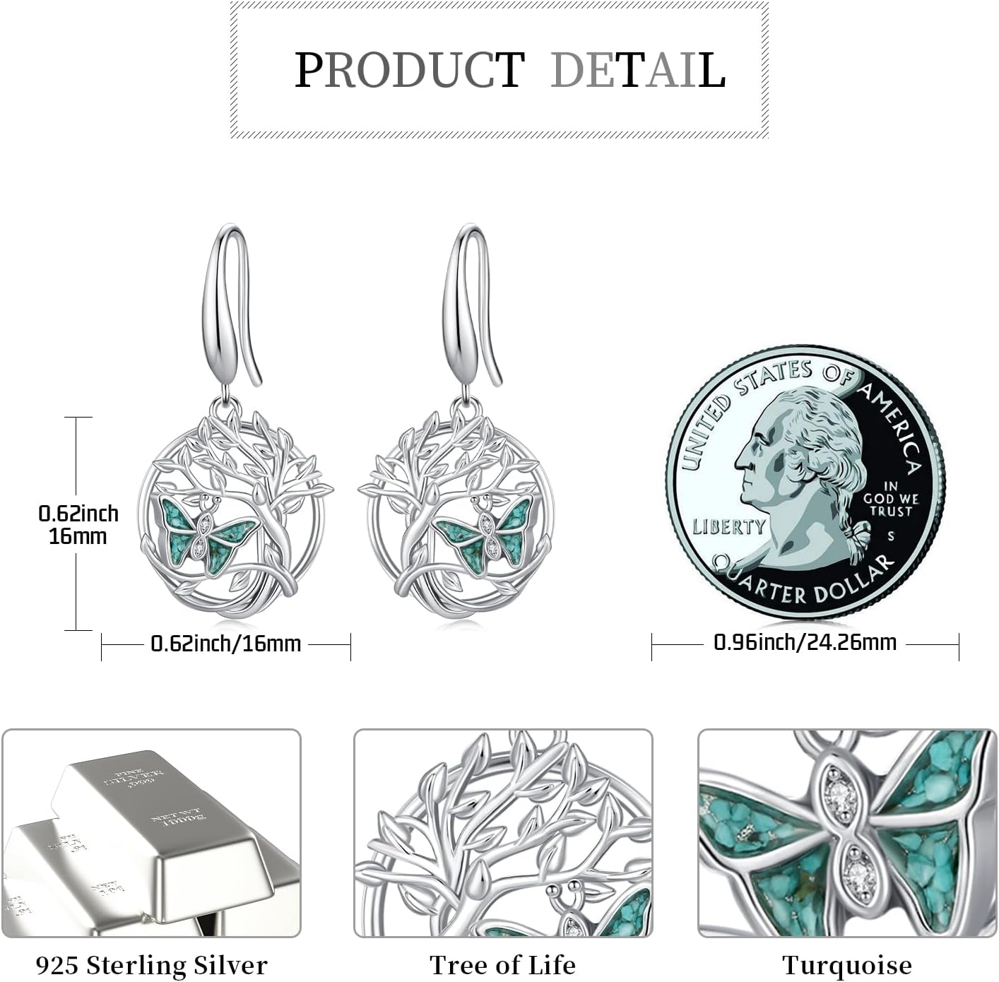 Tree of Life Earrings 925 Sterling Silver Hypoallergenic Turquoise Tree Butterfly Dragonfly Dangle Drop Earrings for Women Tree Jewelry Gifts - Image 2