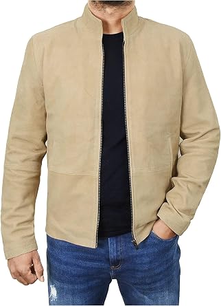 Mens Beige Suede Leather Jacket - Soft Sheepskin Casual Lightweight Leather Jacket