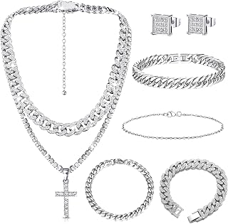 7 PCS Silver Hip Hop Jewelry Set Rhinestone Necklace Bracelet Earrings Tennis Diamond Link Chain Jewelry for Men Party Gift