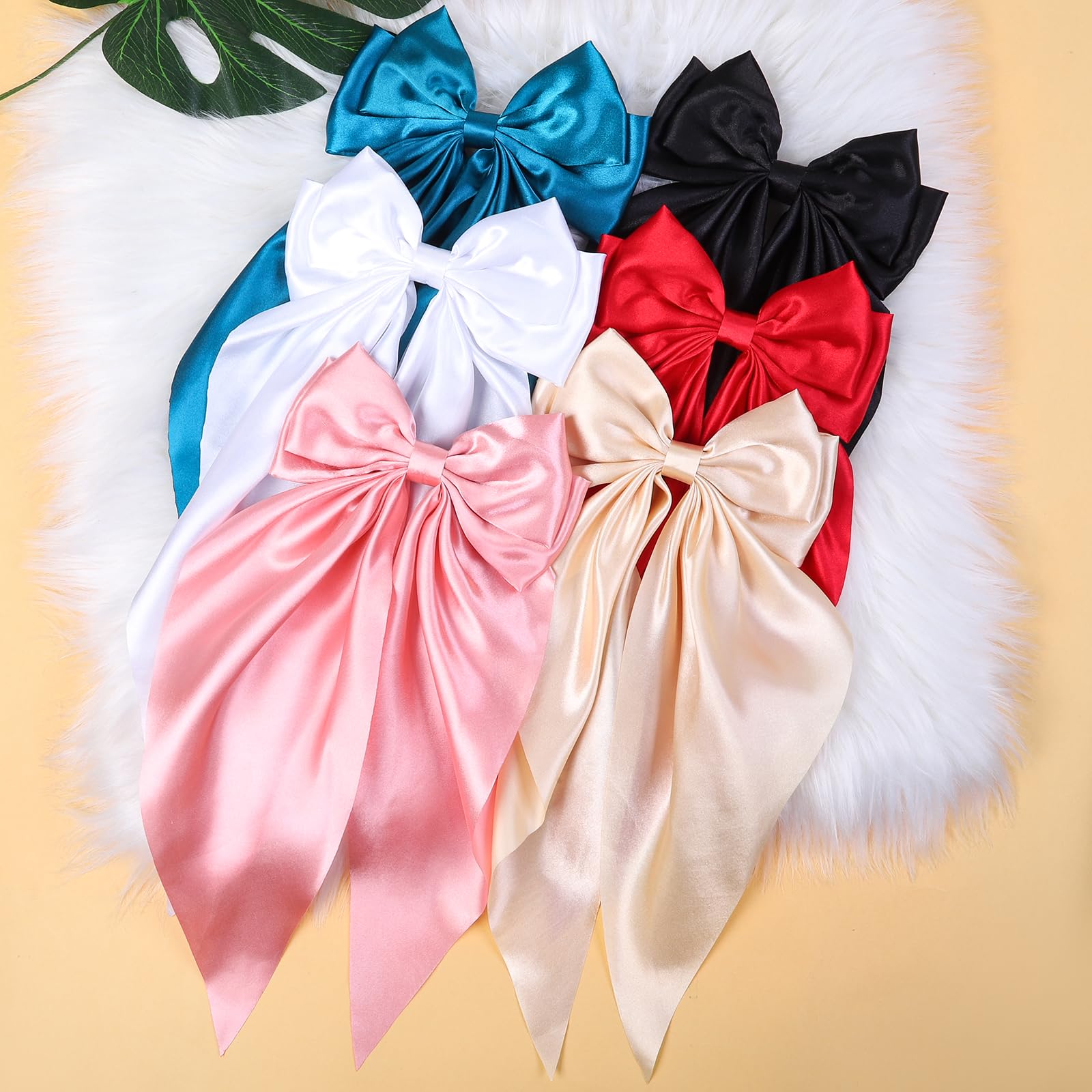 6Pcs Women\'s Large Bows Hair Clips Long Tail Hair Ribbon Silky Satin Amazon.com : ONEYE 6PCS Large Bow Hair Clips for Women Silky  main image 3