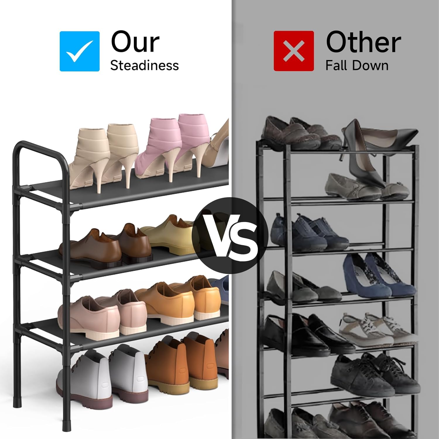 Long Shoe Rack for Closet - 3 Tier Shoe Organizer Storage for Entryway, Front Door Entrance, Metal Frame, Non-Woven Fabric Shelves, 10.8“ D x 40.2” W x 25.8” H