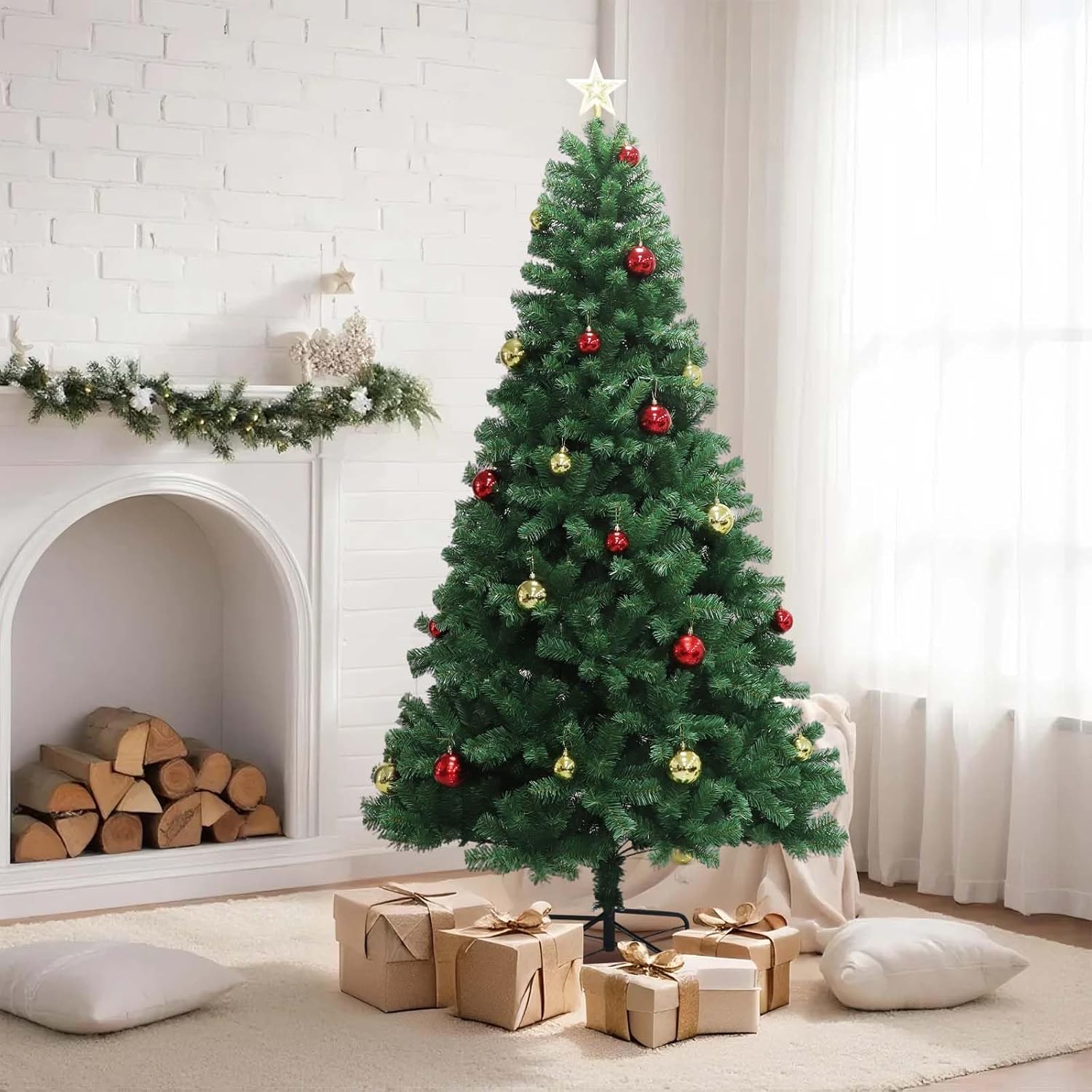 7Ft Prelit Artificial Christmas Tree, Xmas Tree with Lights, Balls & Sturdy Metal Base, Realistic PE/PVC Needles Christmas Decor for Home Office, Party Decoration