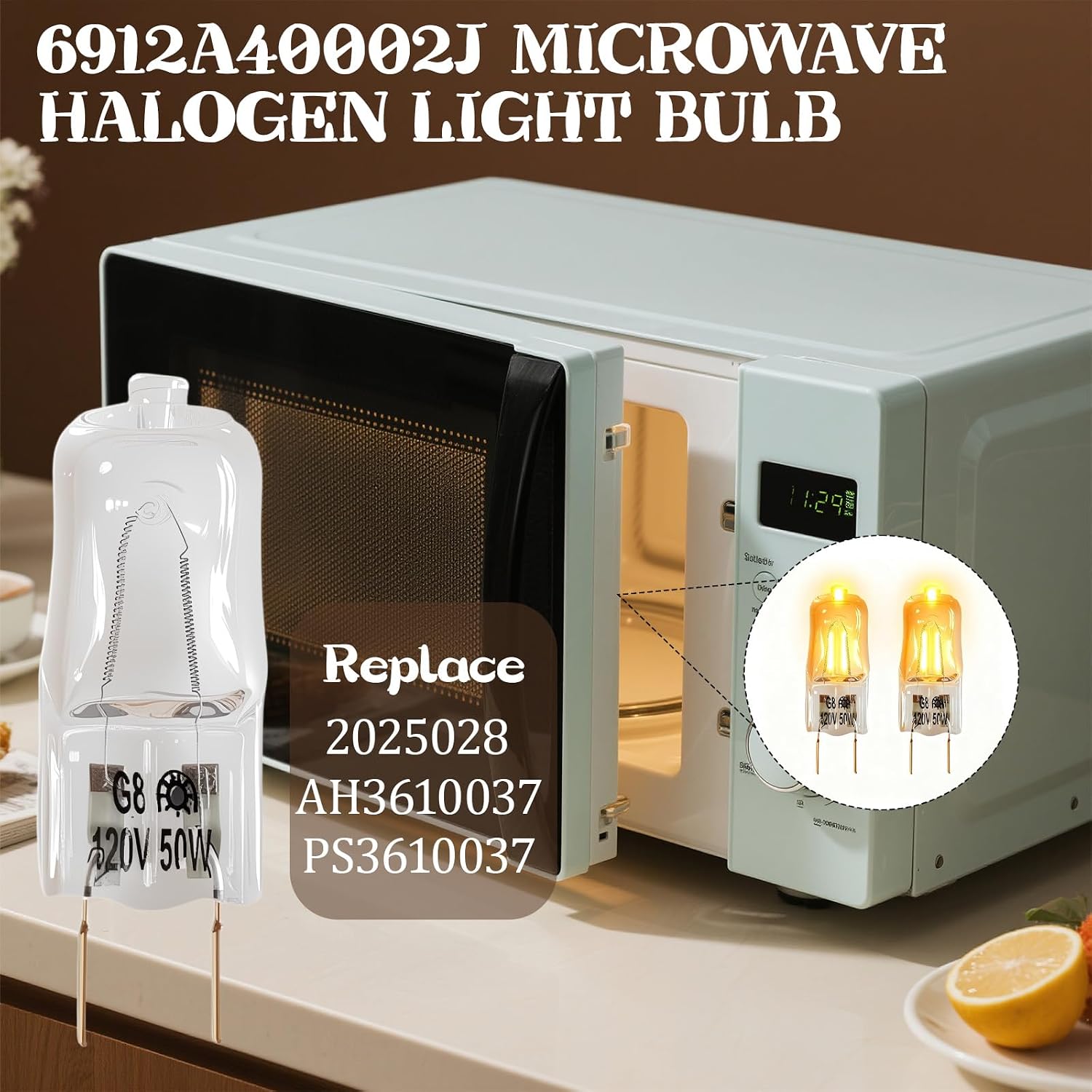 2PCS 6912A40002j Microwave Halogen Light Bulb for LG LMV2031BD/2031SB/2031SS/2031ST/2031SW/H1711BD/H1711ST/M2033BD/M2033BM/M2033SB/M2033ST/M2033SW 120V 50W G8 Microwave Oven Lamp