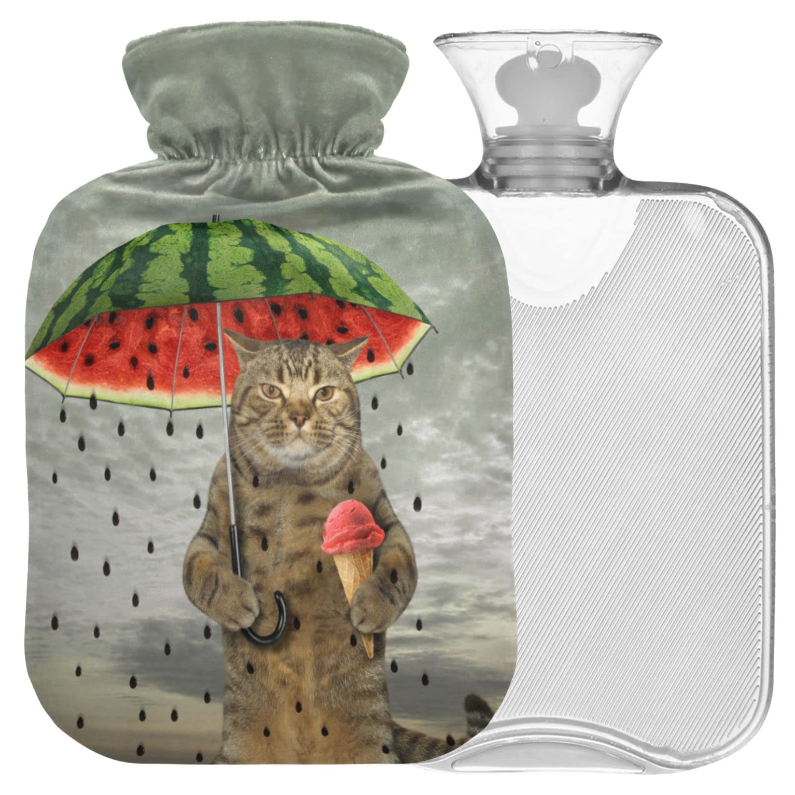Naanle Hot Water Bottle with Cover Watermelon Funny Cat Transparent Warm Water Bottle Hot Water Bag for Bed Hand Feet Warmer Pain Relief Hot and Cold Therapy Capacity 1L