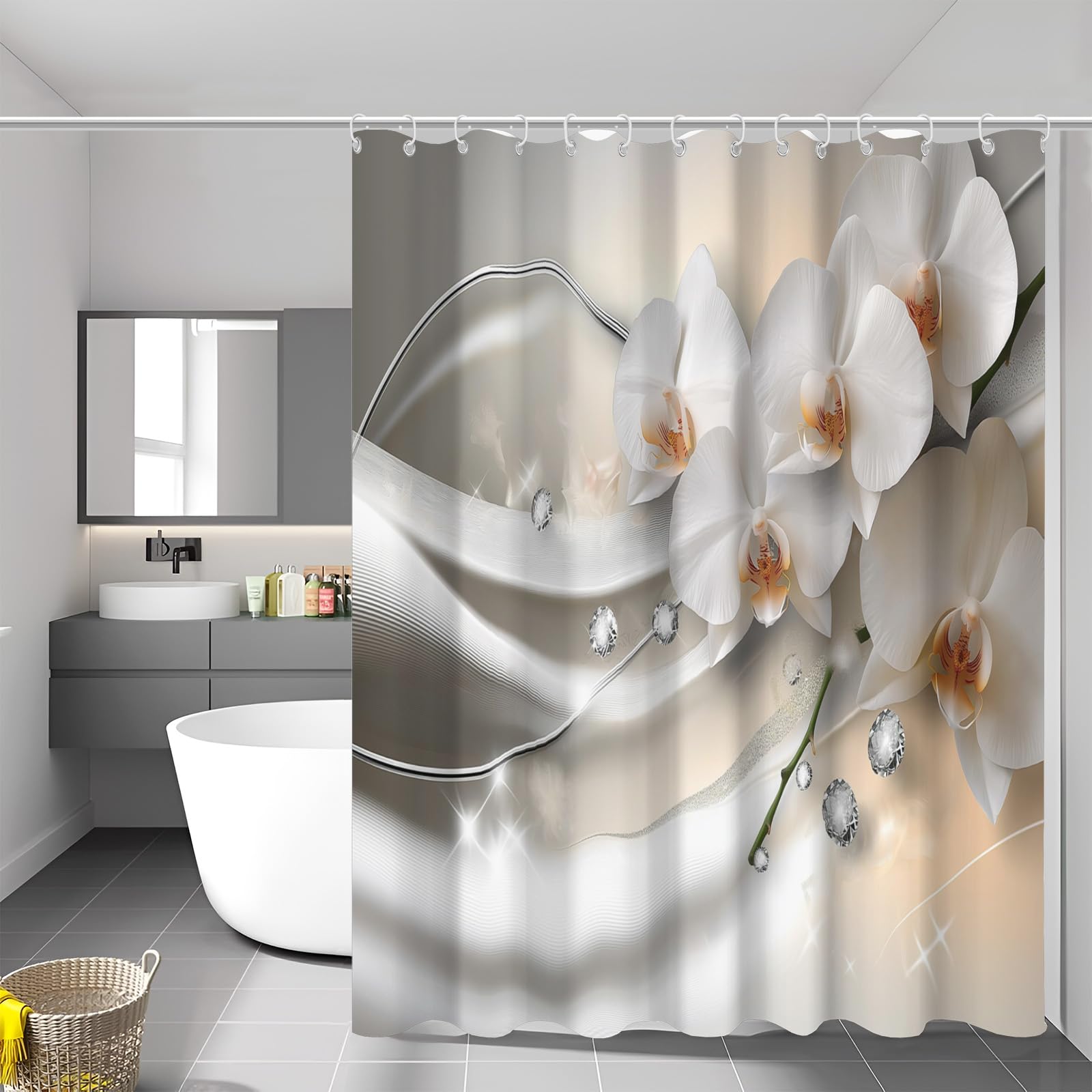 Rideau de douche 180x180 cm lavable motif courbée ruban orchidée blanche