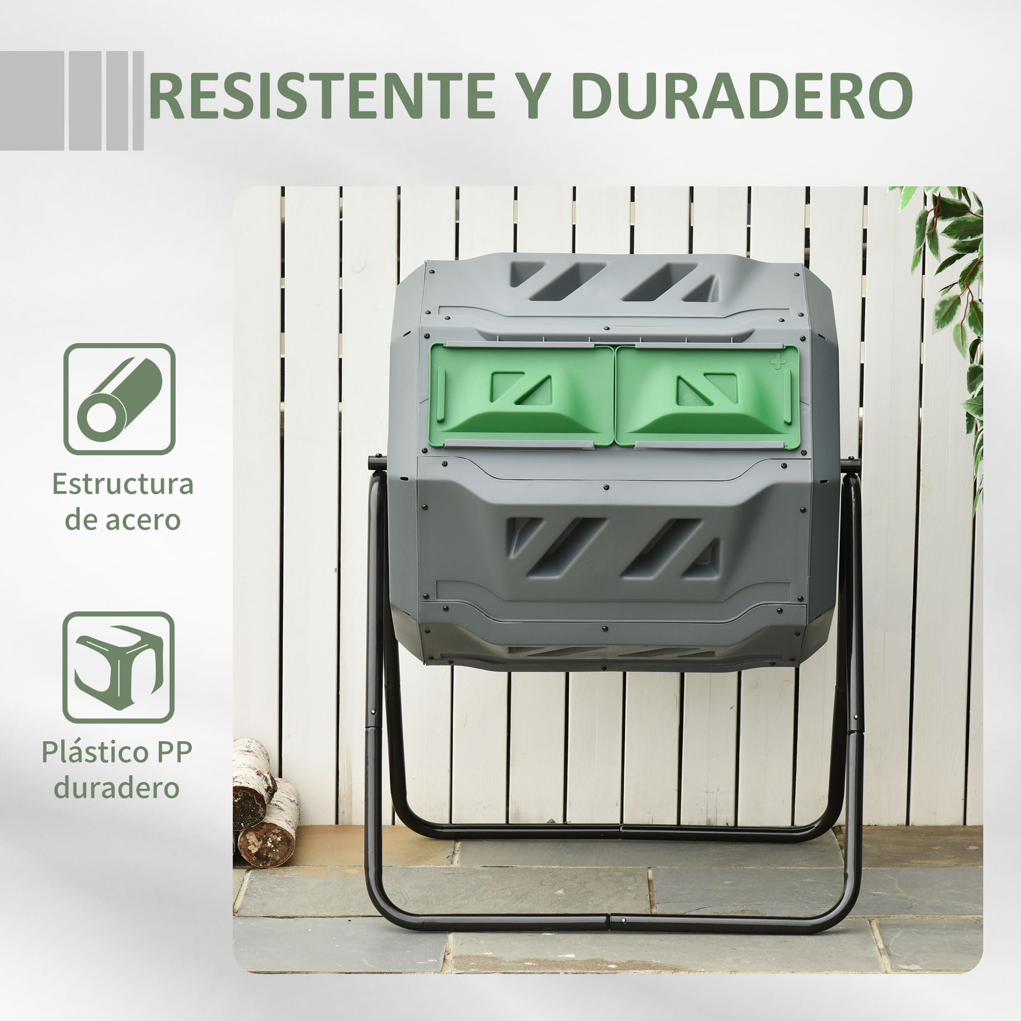 Outsunny Compostador Giratorio de 160L Contenedor de Compostaje de Jardín de Doble Cámara Compostadora con Aberturas de Ventilación y Patas de Acero 71x65x96 cm Gris