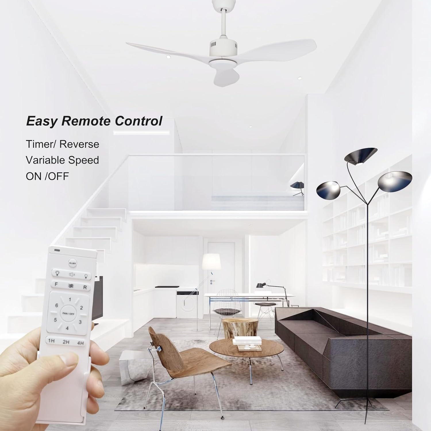 Goozegg 48 inch Ceiling Fan No Lights Remote Control Low Profile 3 Modern Blades Reversible DC Motor, White